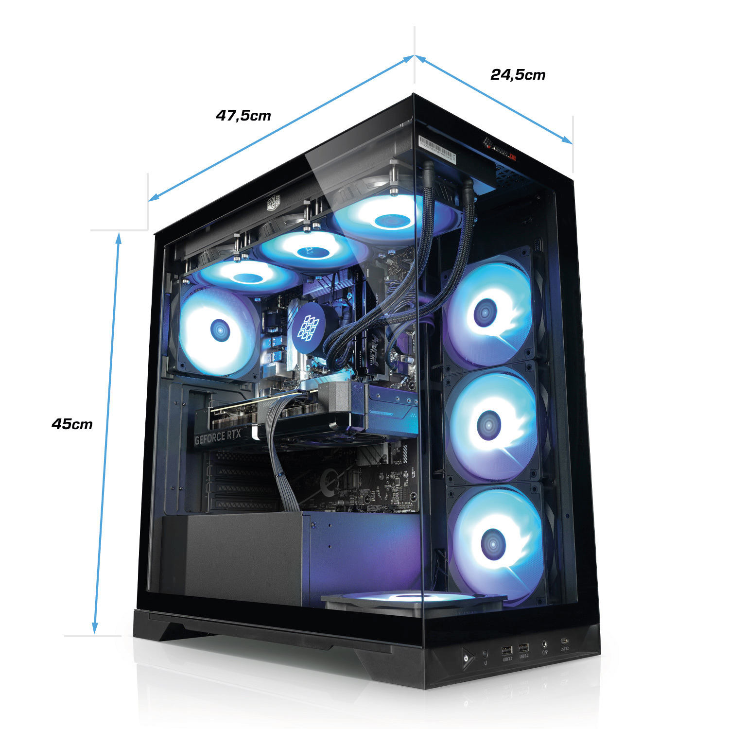 PC avec boîtier transparent. Lumières internes bleues et blanches. Mesures : 47,5x45x24,5 cm.
