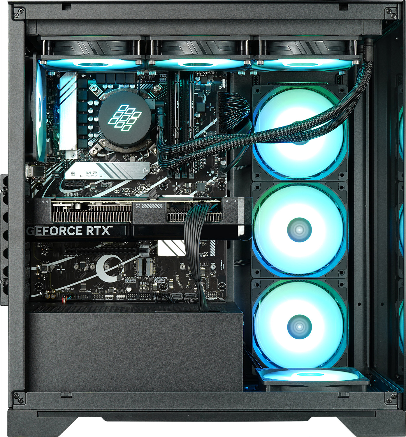 Ordinateur ouvert avec ventilateurs éclairés, carte mère et carte graphique GeForce RTX.