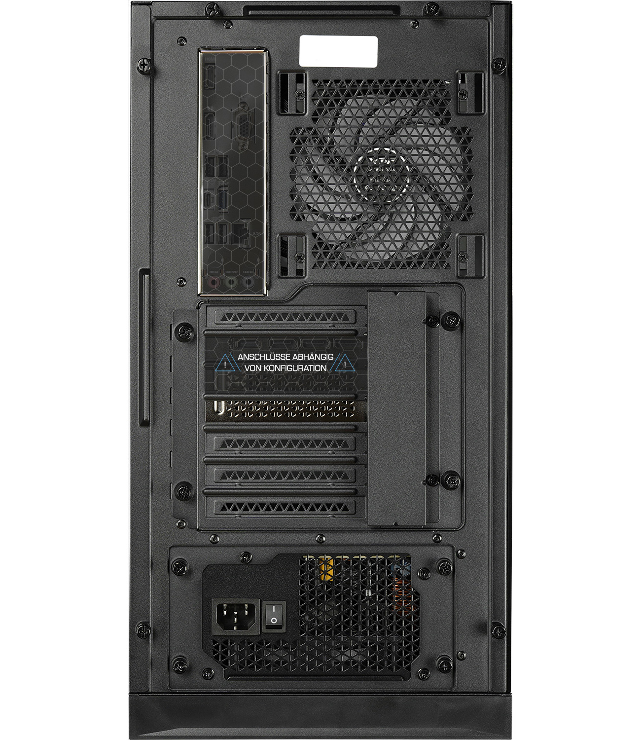 Arrière de boîtier d'ordinateur noir. Contient ventilateur, ports et alimentation. Vis et détails de ventilation visibles.