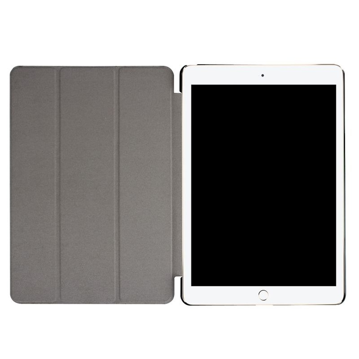Ein graues Tablet mit geöffneter Hülle. Der Bildschirm ist schwarz.