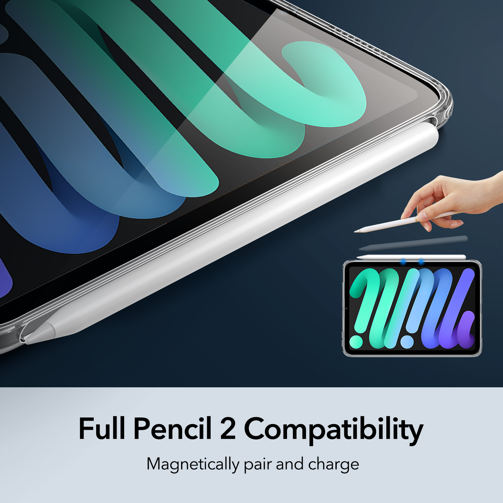 iPad mit Stift, transparentem Gehäuse und Text: Full Pencil 2 Compatibility.
