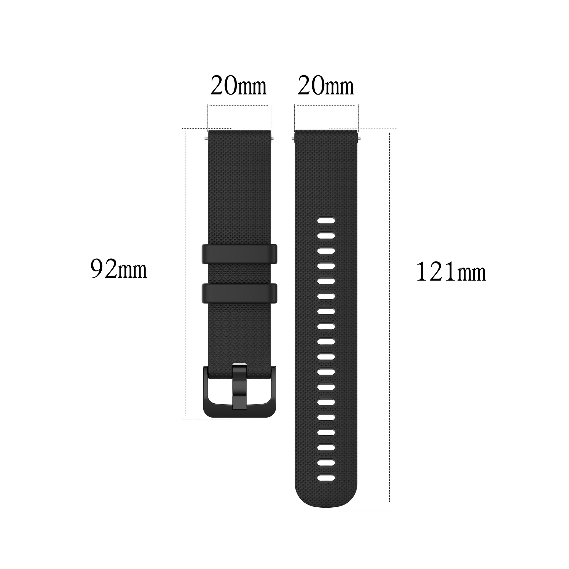 Zwei schwarze Armbänder mit beschrifteten Abmessungen, 92 mm und 121 mm Längen.