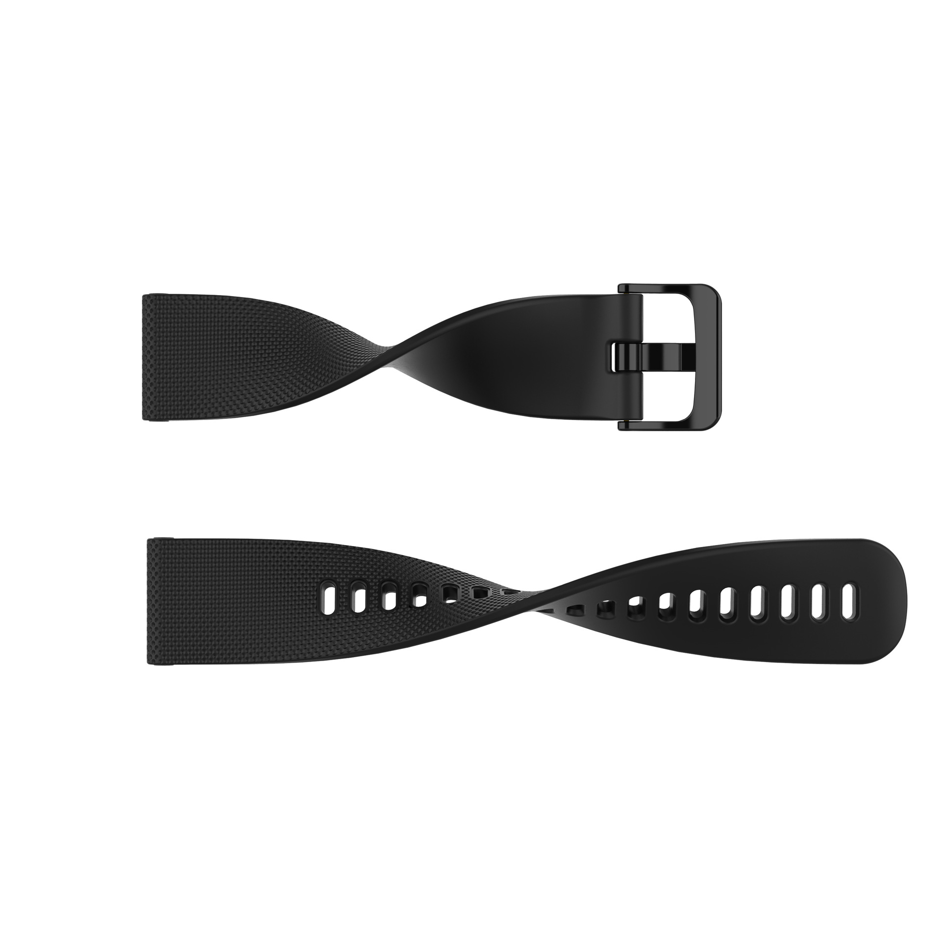 Schwarze Uhrenarmbänder mit Schnalle, eines flach, eines verdreht, zeigen Textur und Design.