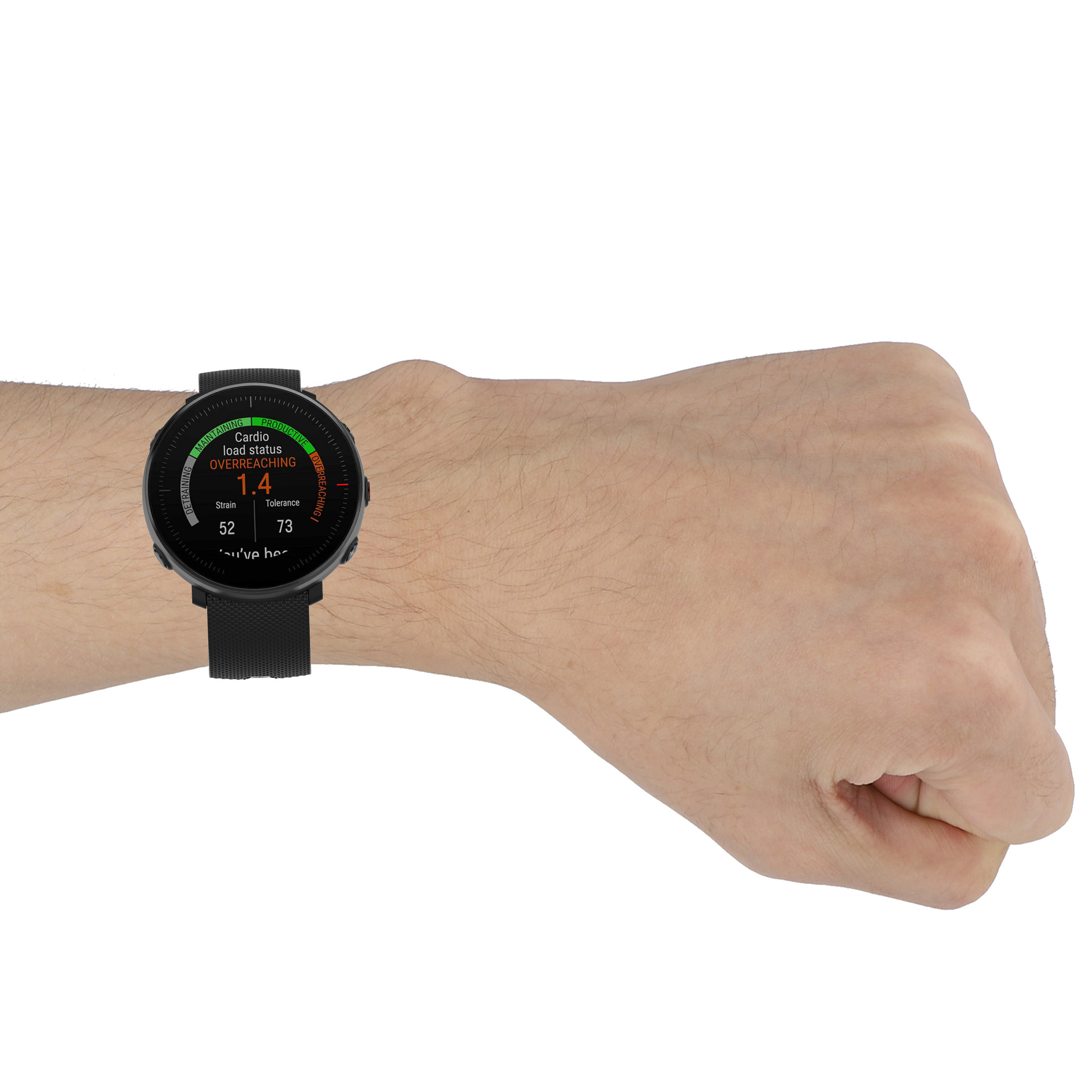 Handgelenk mit schwarzer Smartwatch, die Daten anzeigt. Text: Überanstrengung.