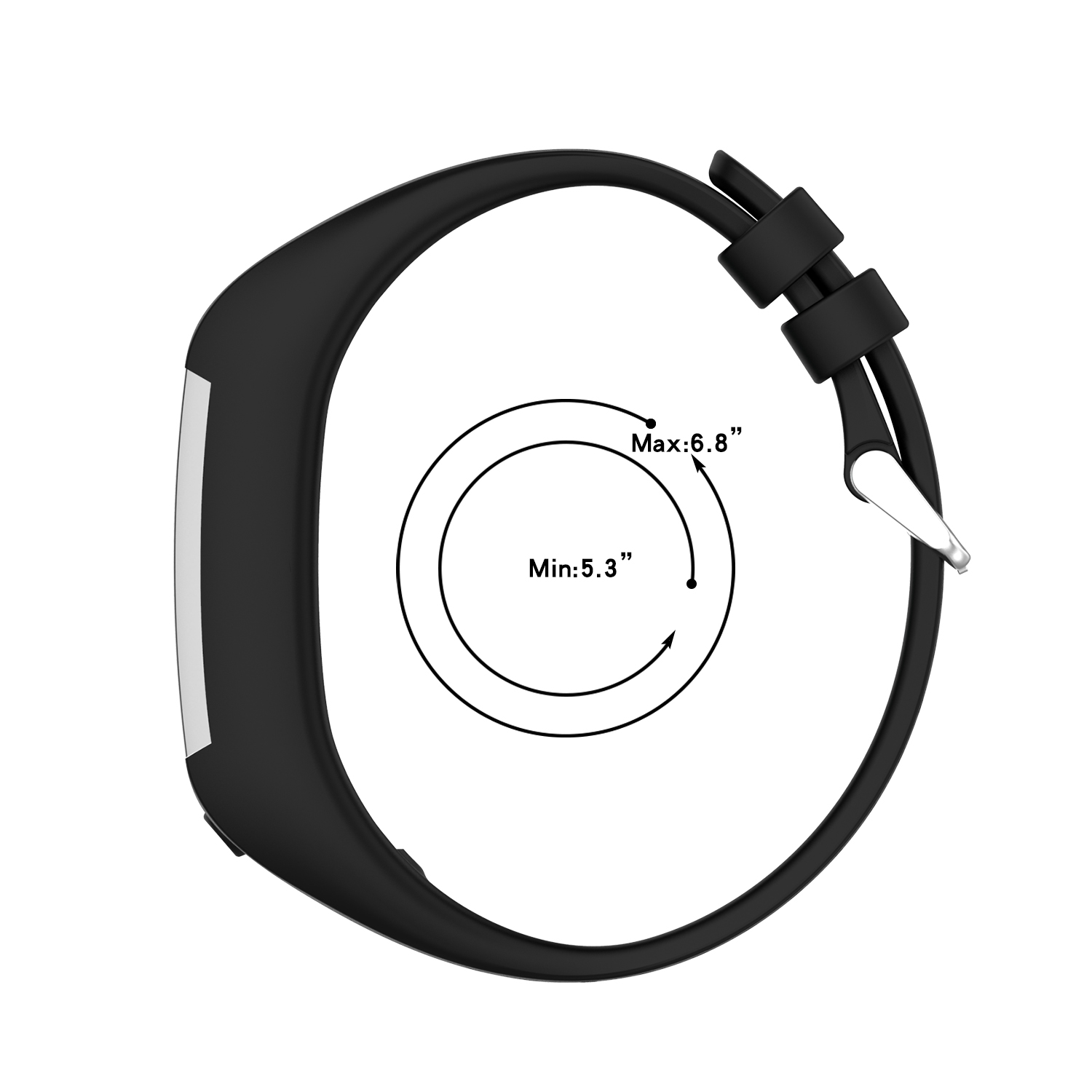 Schwarze Fitness-Tracker-Uhr mit schwarzem Armband, zeigt Größendetails, vor weißem Hintergrund.