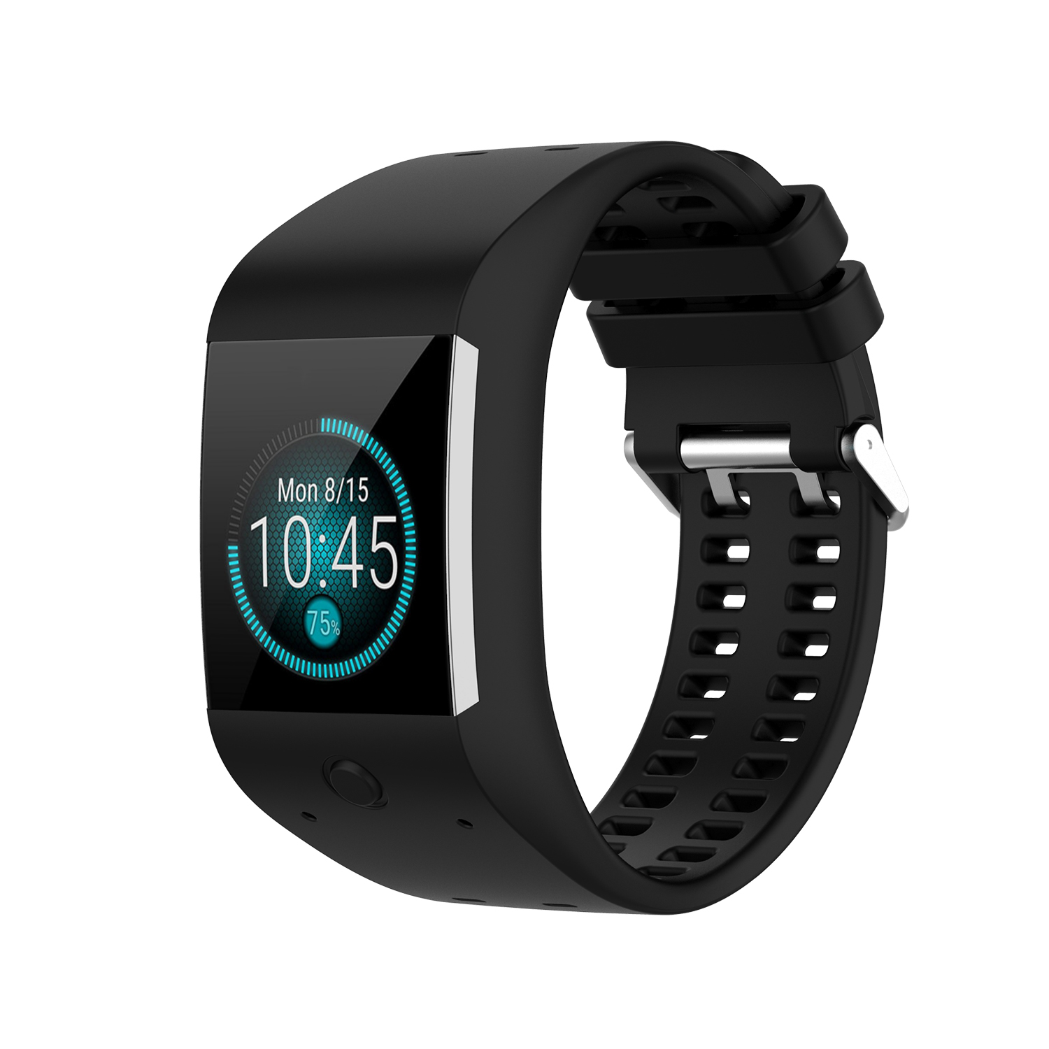 Schwarze Smartwatch mit Touchscreen. Zeigt Zeit und Prozentsatz der Batterie an. Schwarzes Armband.
