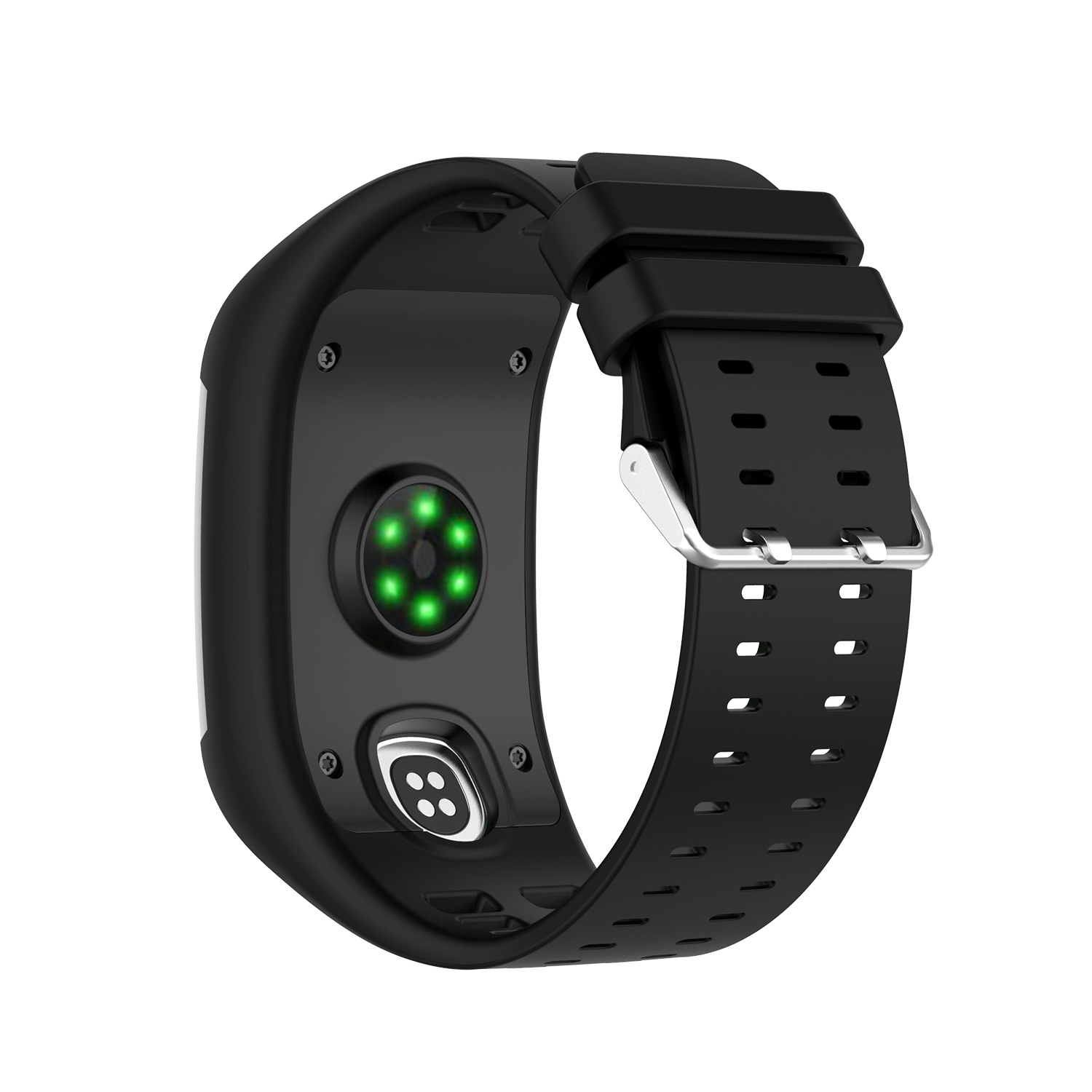 Schwarze Smartwatch-Rückseite mit grünen Sensoren und schwarzem Armband mit silberner Schnalle.