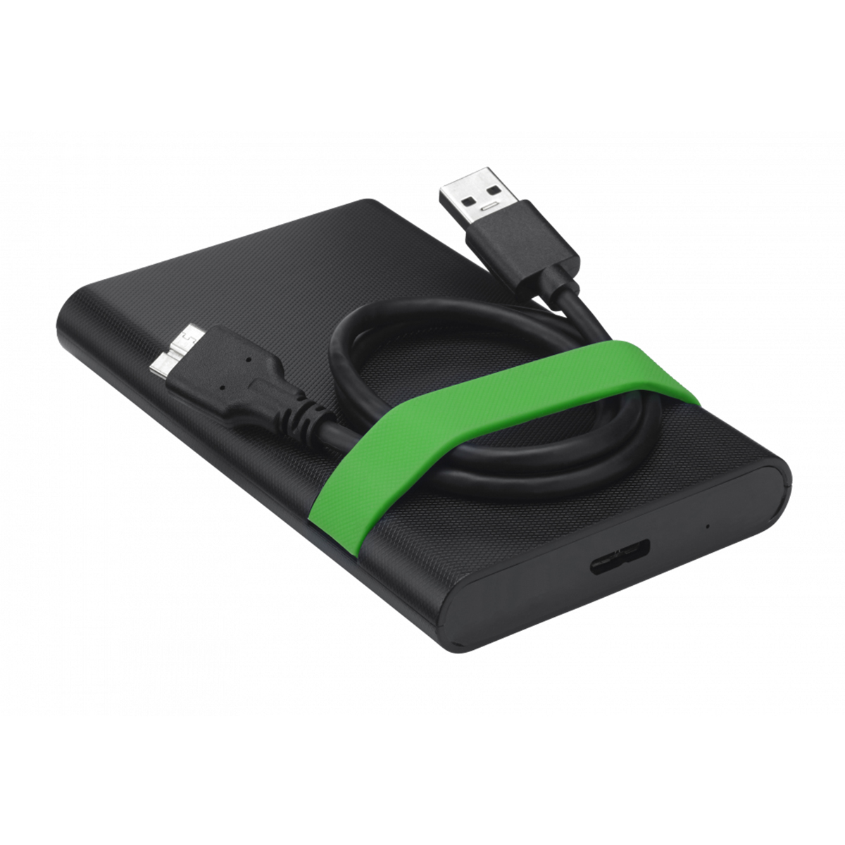 Czarny zewnętrzny dysk twardy z kablami USB i zielonym paskiem, białe tło.