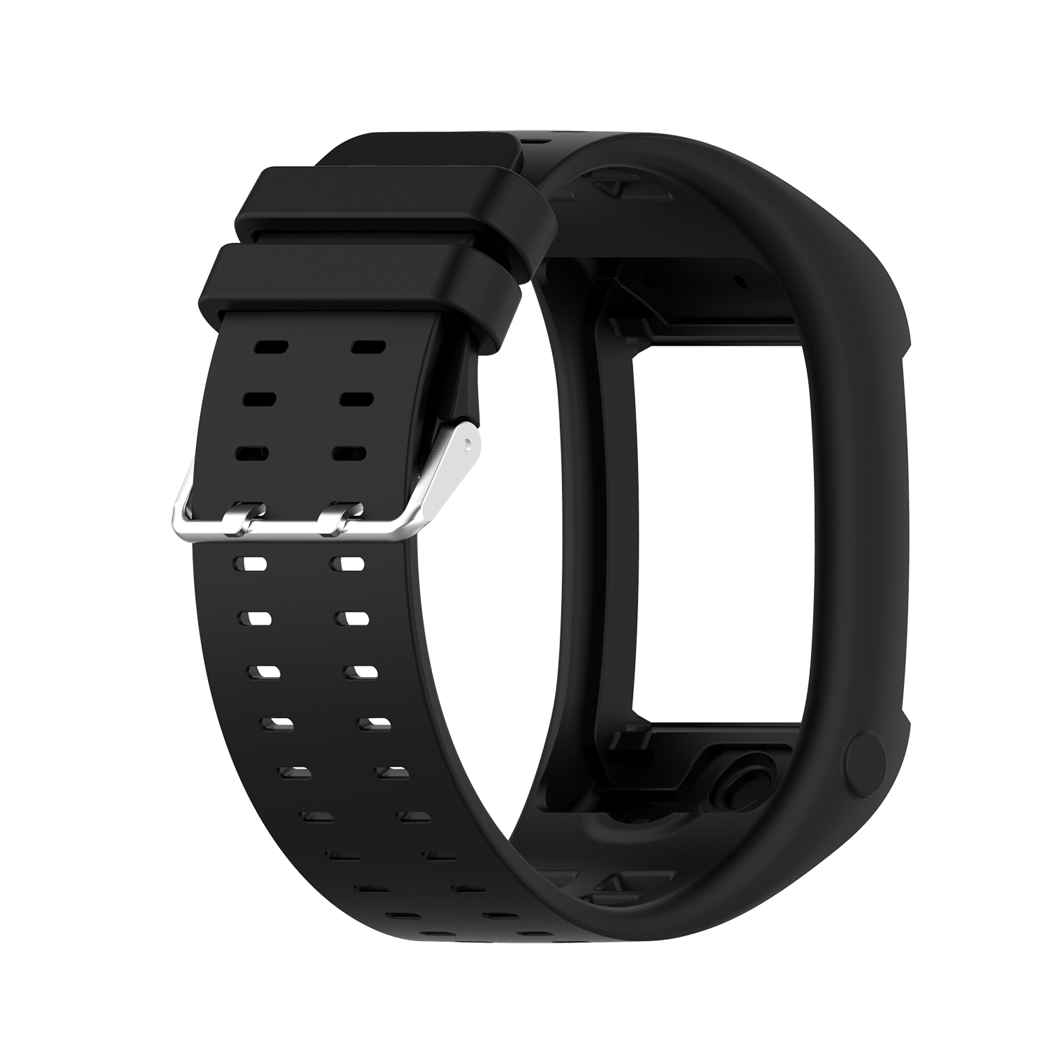 Schwarzes Uhrenarmband, Schnalle und Riemen mit Löchern. Der Hintergrund ist weiß.