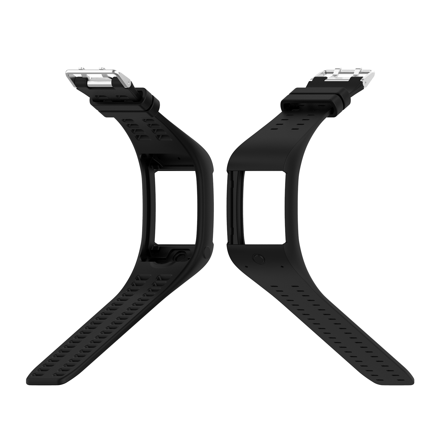 Zwei schwarze Uhrenarmbänder nebeneinander, mit silbernen Verschlüssen.