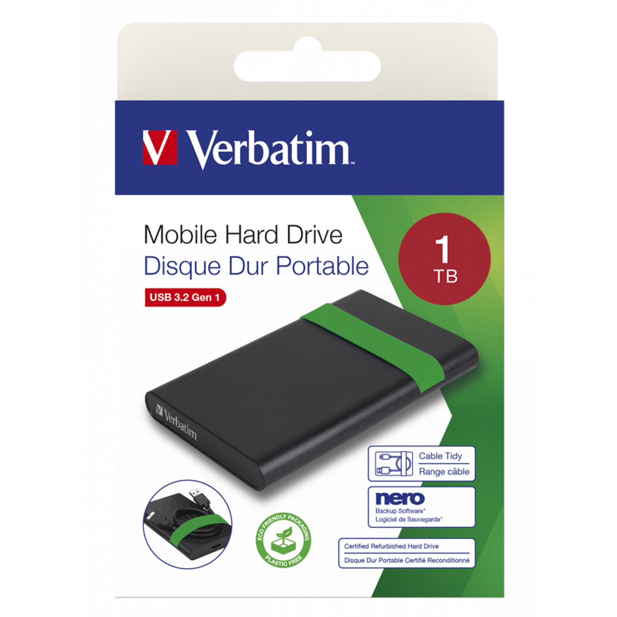 Opakowanie dysku twardego z czarnym dyskiem i zieloną opaską. Białe tło. Widoczny tekst i logo.