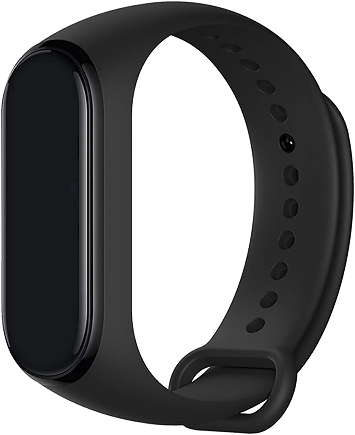 Schwarzes Fitness-Tracker-Armband mit geschwungenem Display und strukturierter Band.