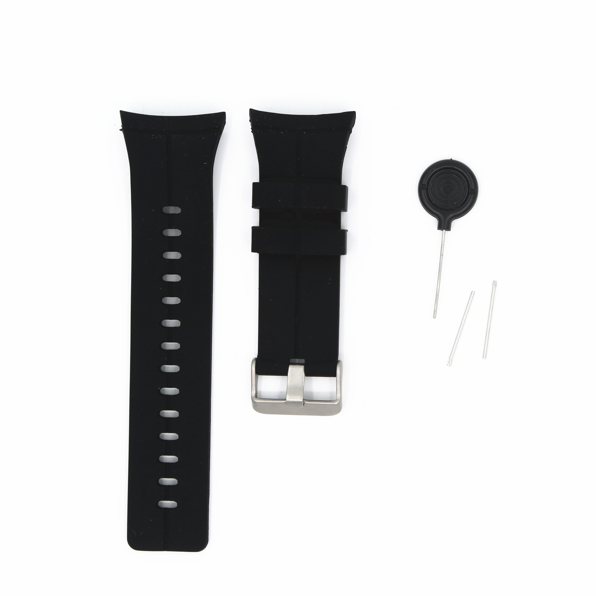 Deux bracelets de montre noirs et un outil avec des broches, sur fond blanc.