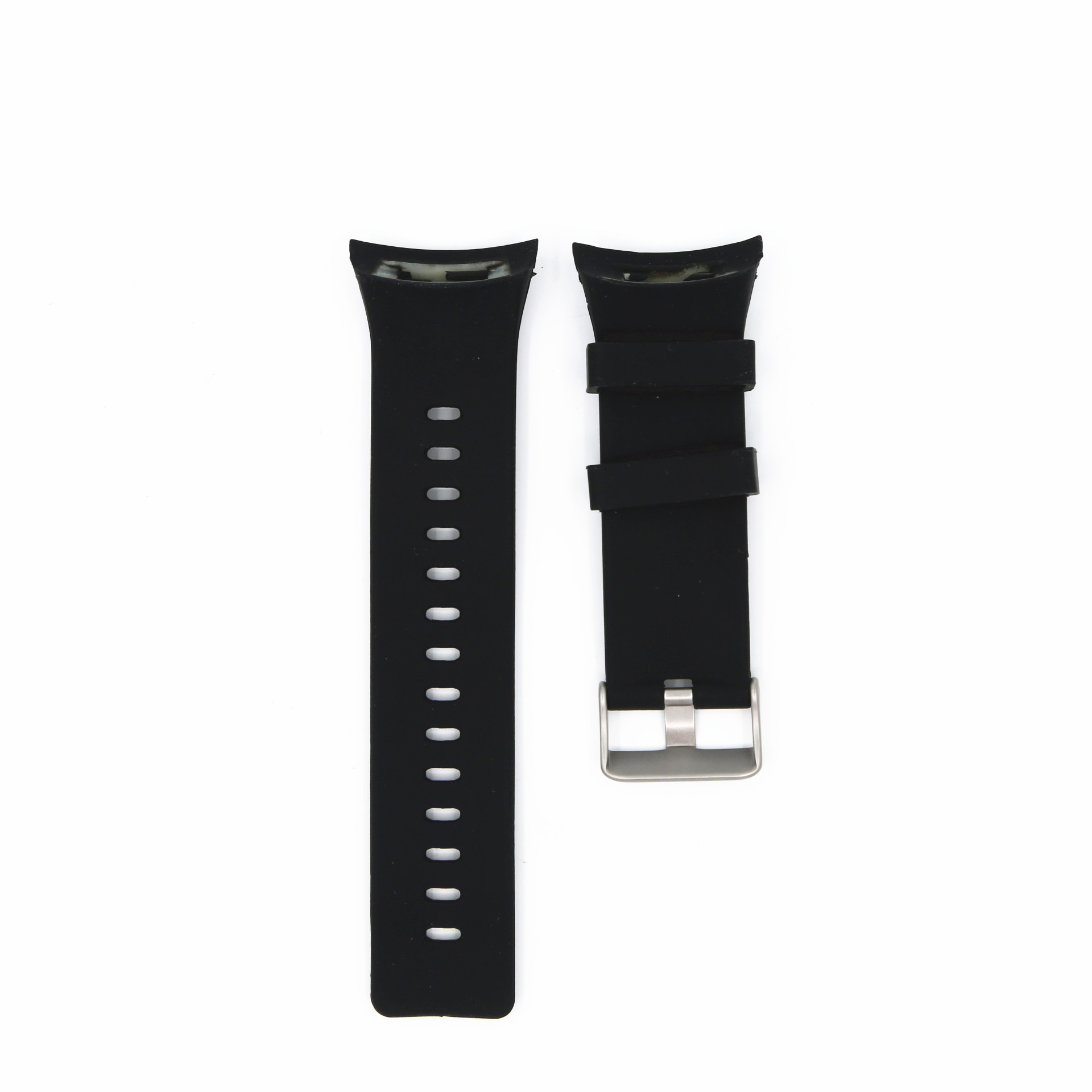 Bracelets de montre noirs, deux pièces. Un avec une boucle. Fond blanc.