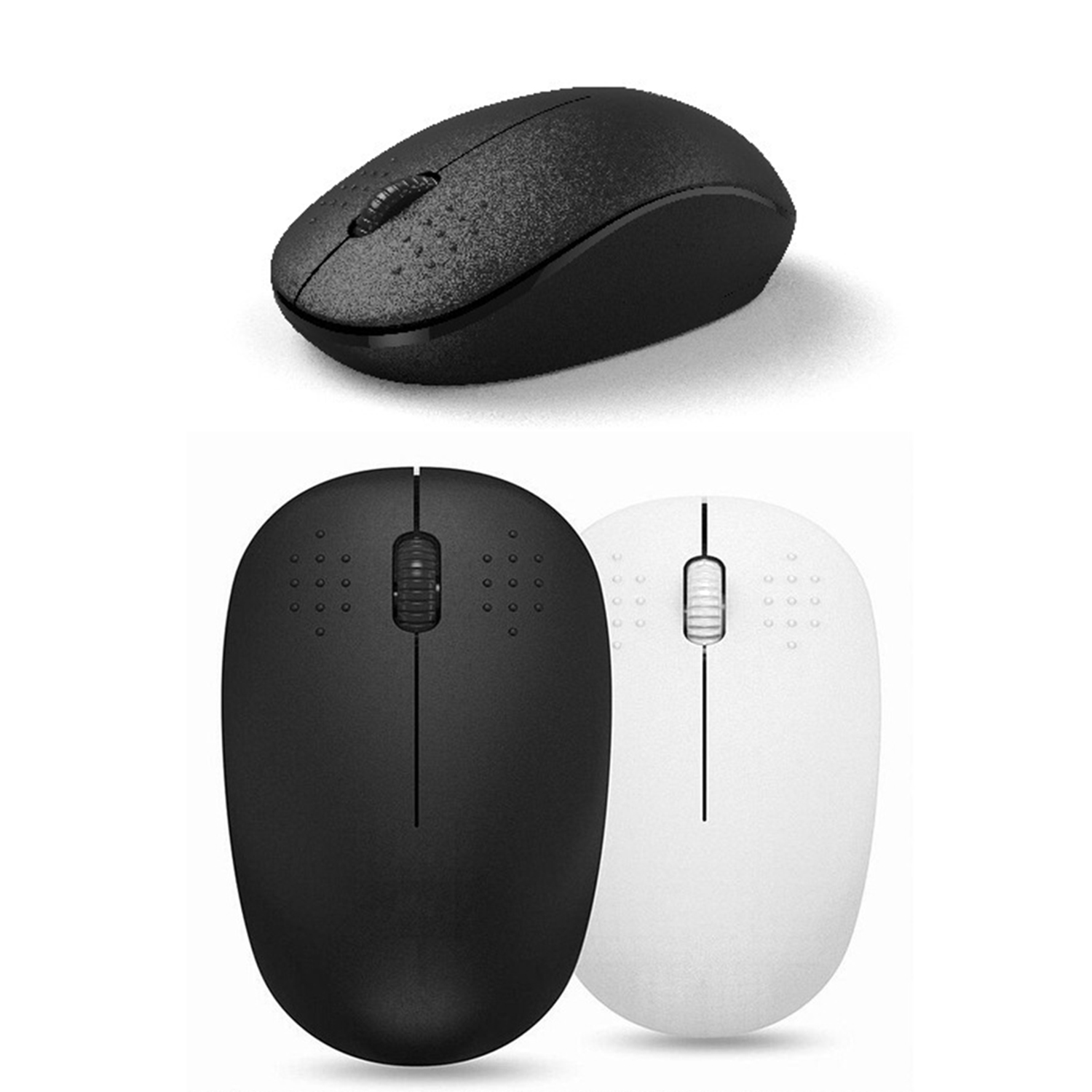 Tre mouse per computer, due neri e uno bianco, visti dall'alto.