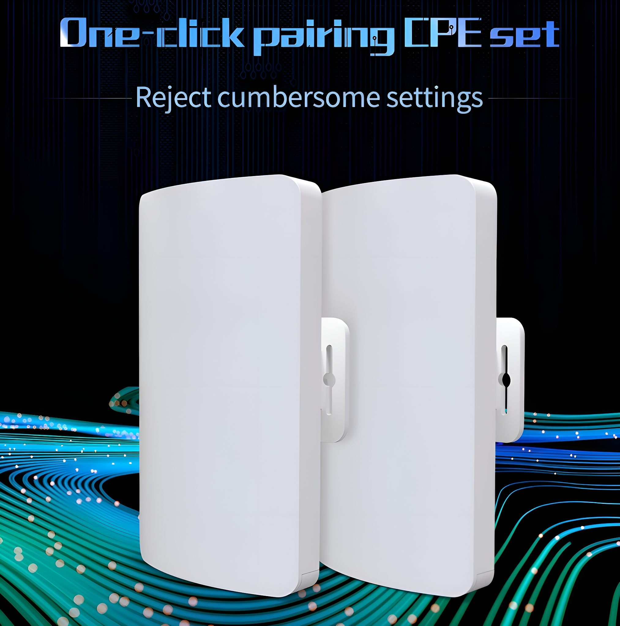 Zwei weiße CPE-Einheiten mit Montagehalterungen, mit Text über ein One-Click-Pairing-Set.