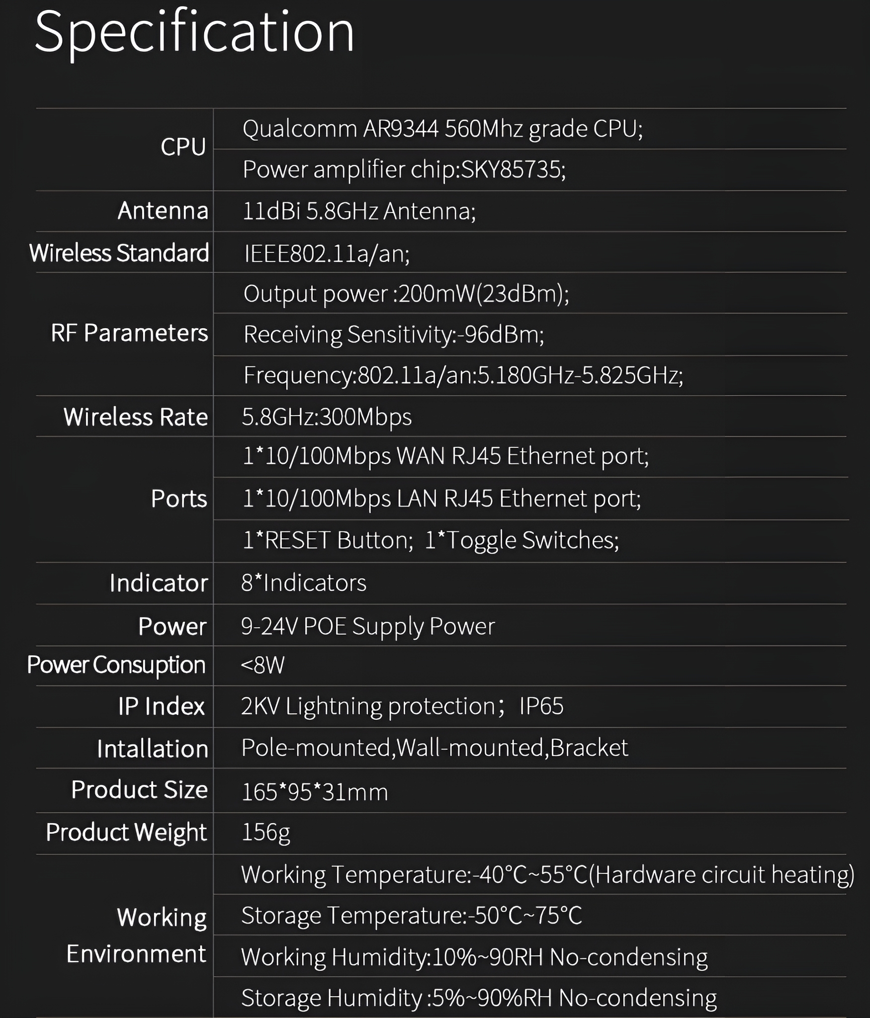 Spezifikationstabelle mit Details zu einem Gerät, einschließlich CPU, Antenne, Funkrate.