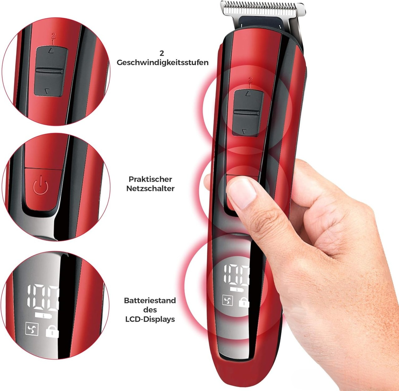 Roter Haarschneider mit Knöpfen und Display. Eine Hand hält das Gerät. Zusätzliche Detailansichten enthalten.