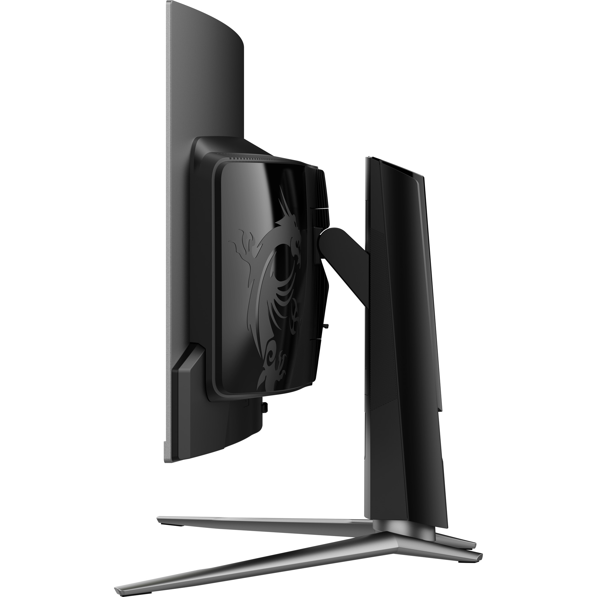 Monitor MSI, widok z boku. Czarny, zakrzywiony ekran z logo smoka.