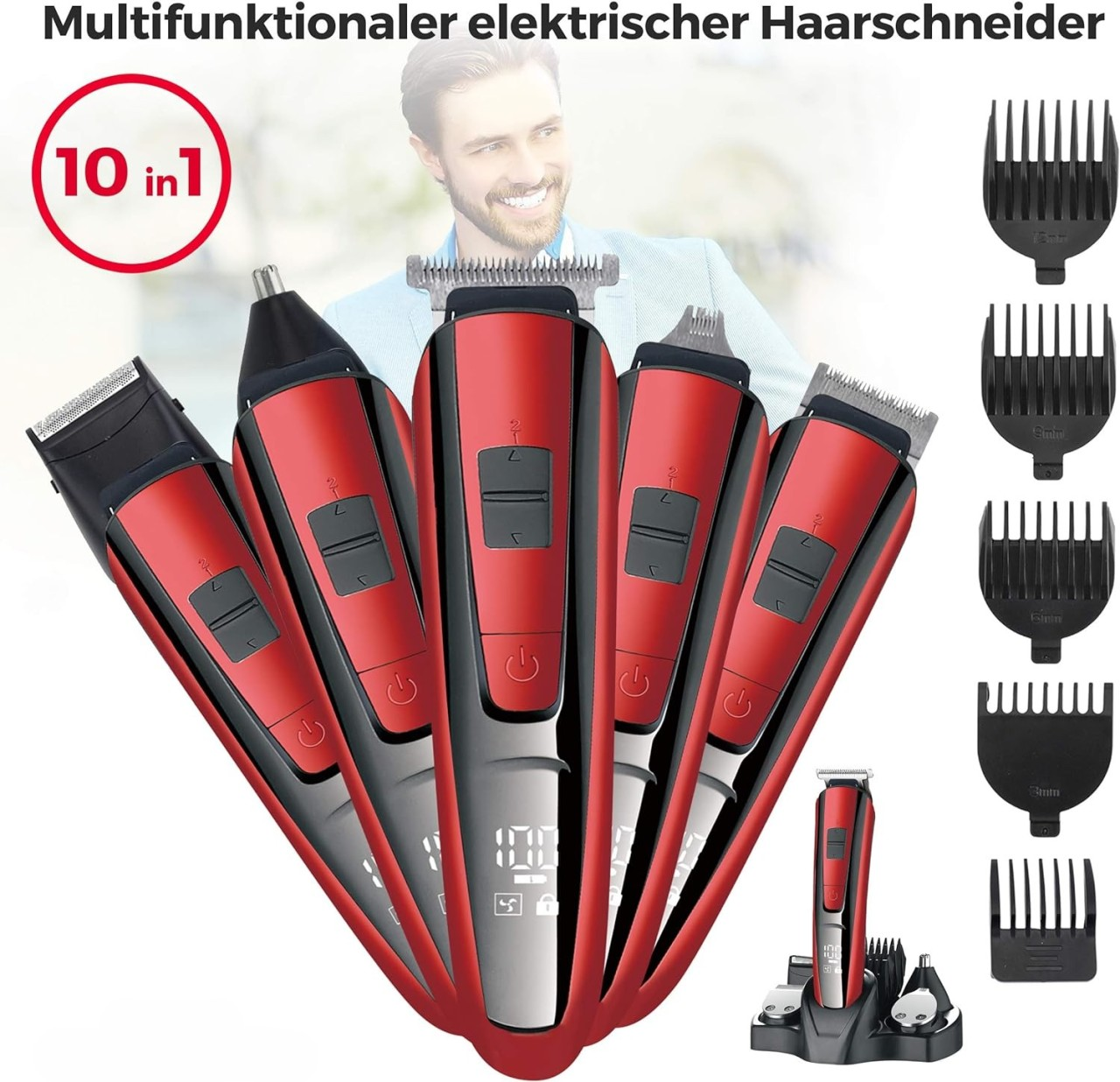 Multifunktionaler elektrischer Haarschneider mit Zubehör.