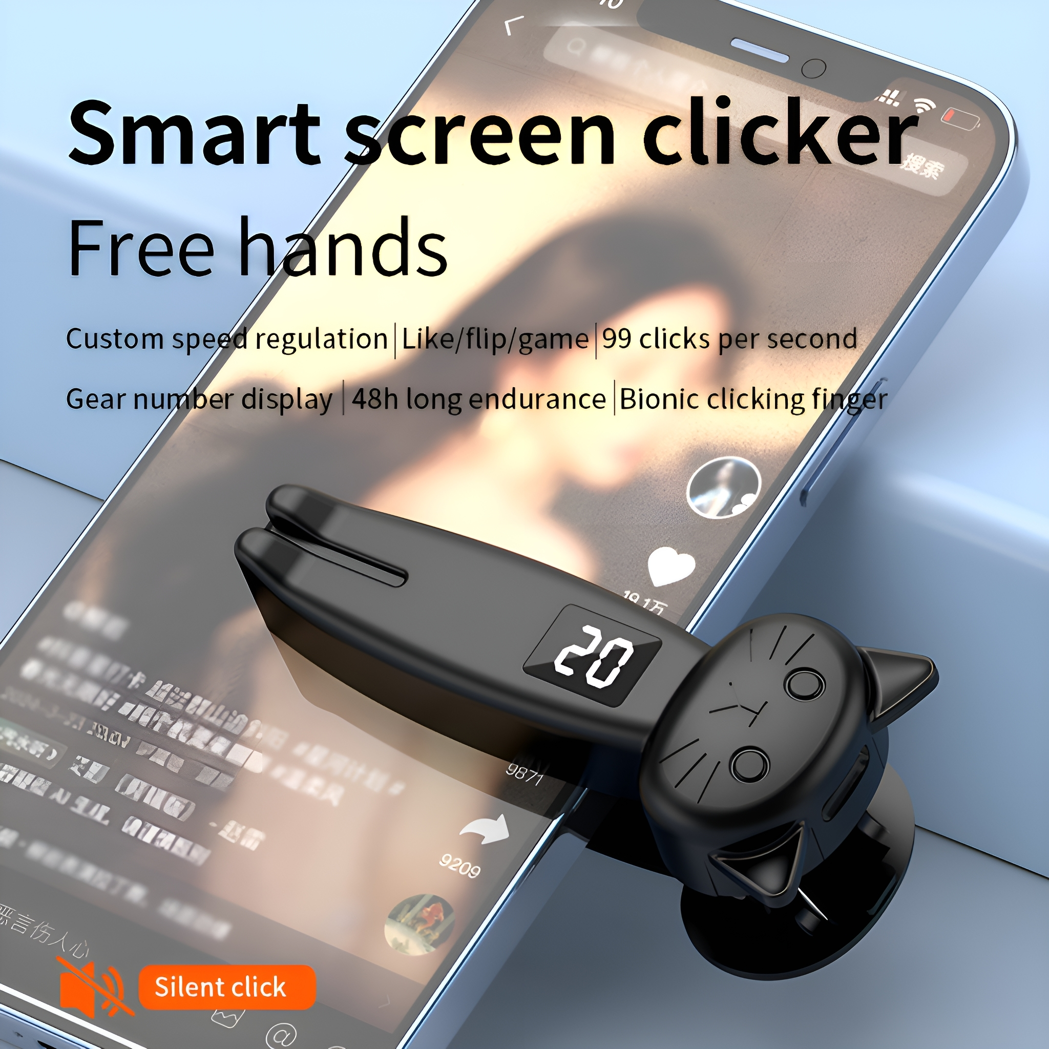 Ein schwarzer Bildschirmklicker, der an einem Telefon befestigt ist, mit einem Katzen-Gesichts-Design.