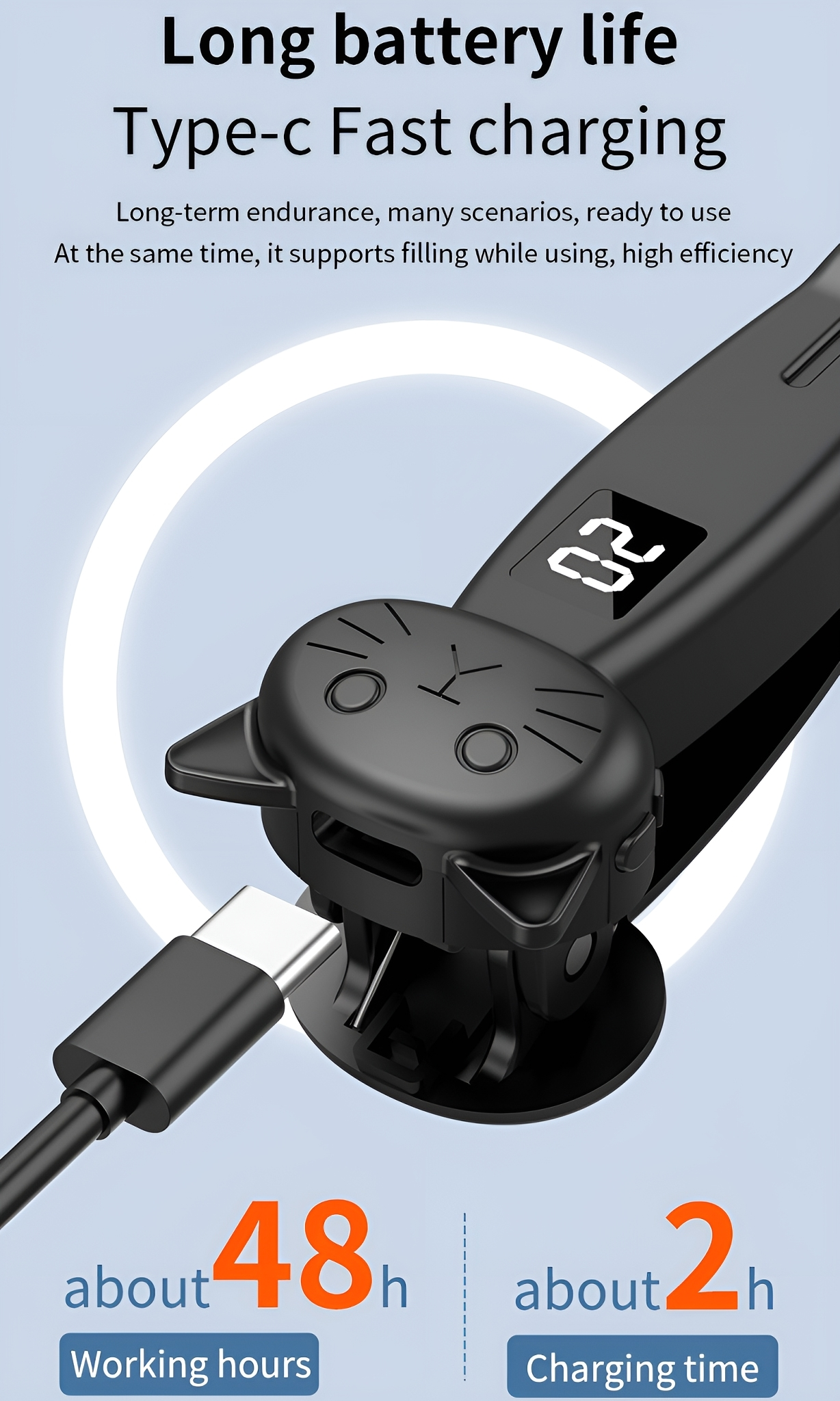 Schwarzes Gerät mit Katzenkopf, Laden über USB-C. Text: 48h Arbeit, 2h Laden.