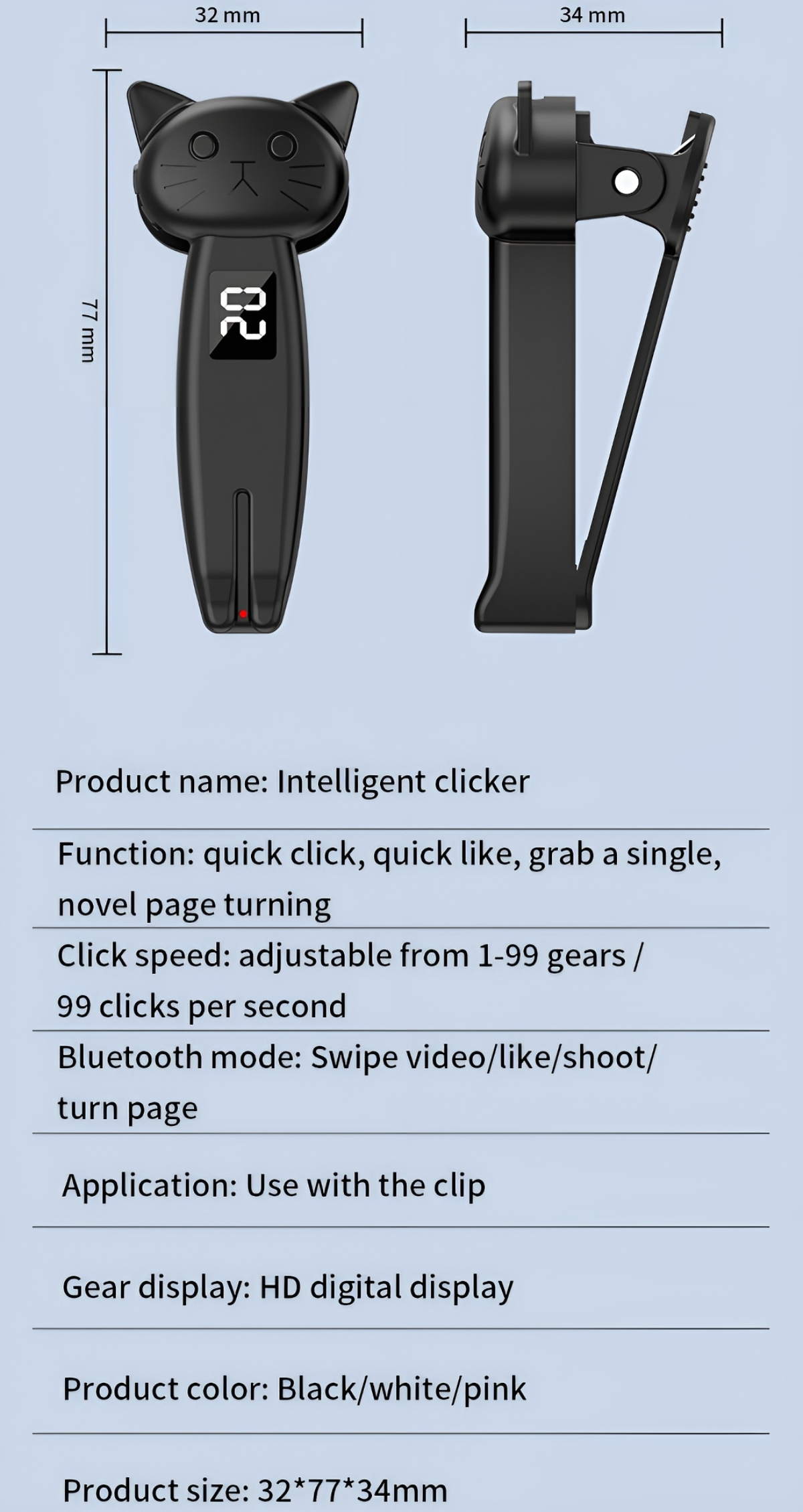 Intelligenter Clicker, schwarz mit Katzen-Design. Spezifikationen umfassen Klickgeschwindigkeit, Bluetooth.