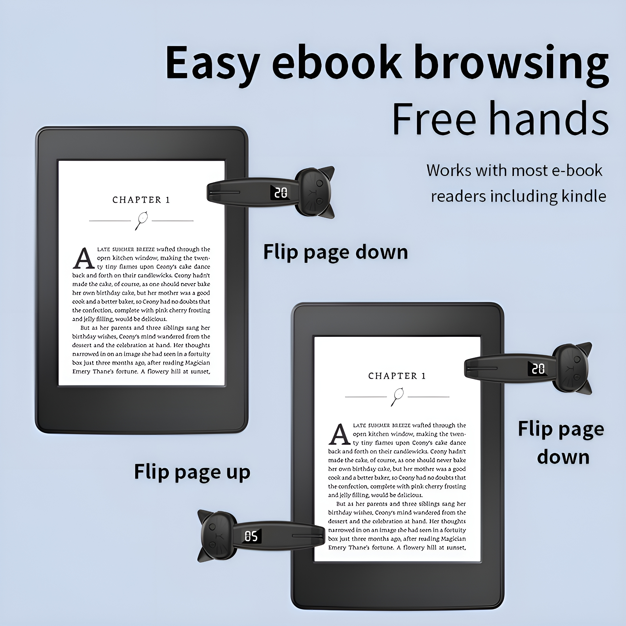 Zwei E-Book-Reader mit Knöpfen an der Seite. Einer zeigt eine Seite, die nach oben, der andere nach unten geblättert wird.