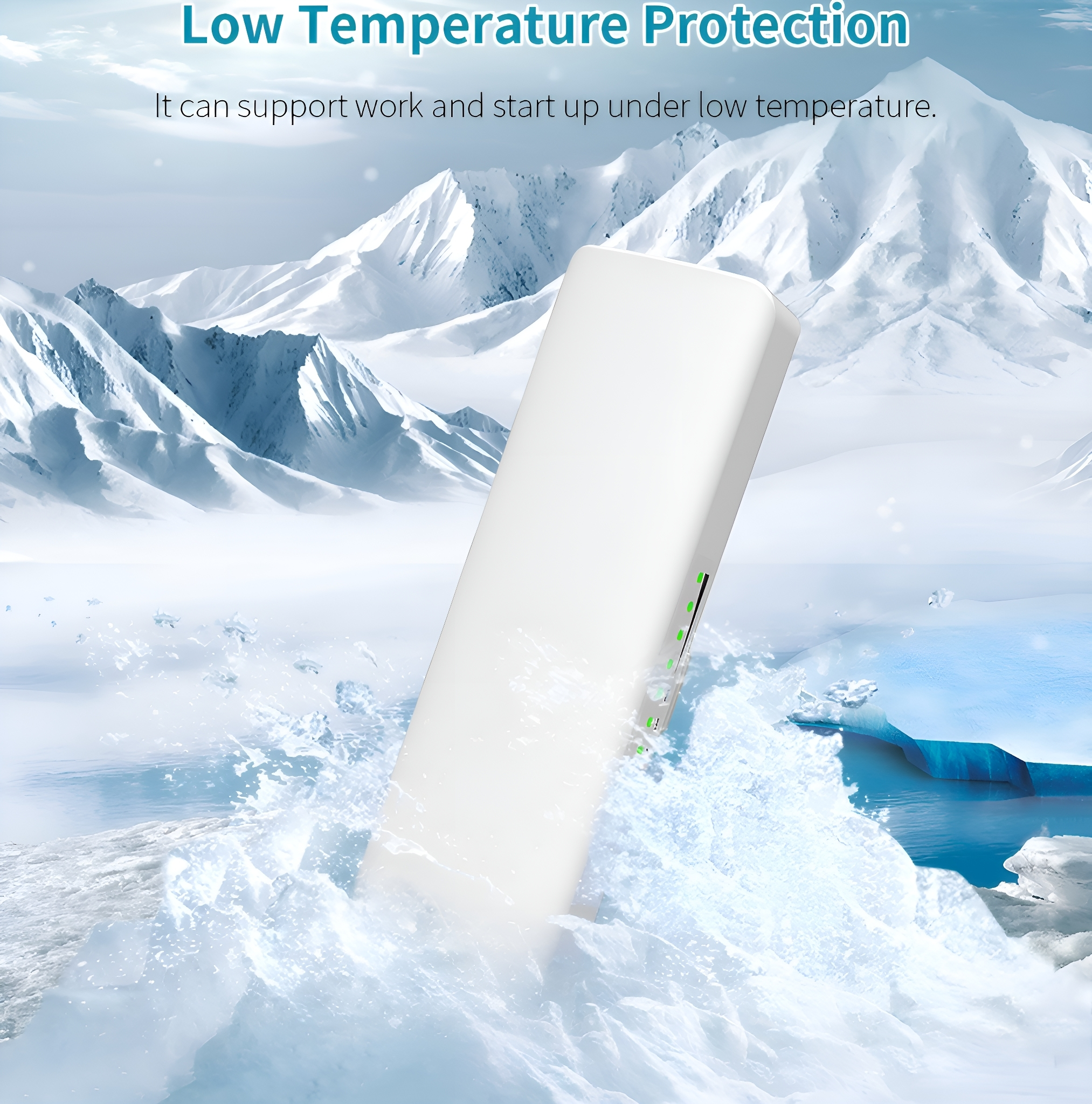 Ein weißes elektronisches Gerät unter Wasser, mit Eis und schneebedecktem Bergpanorama.