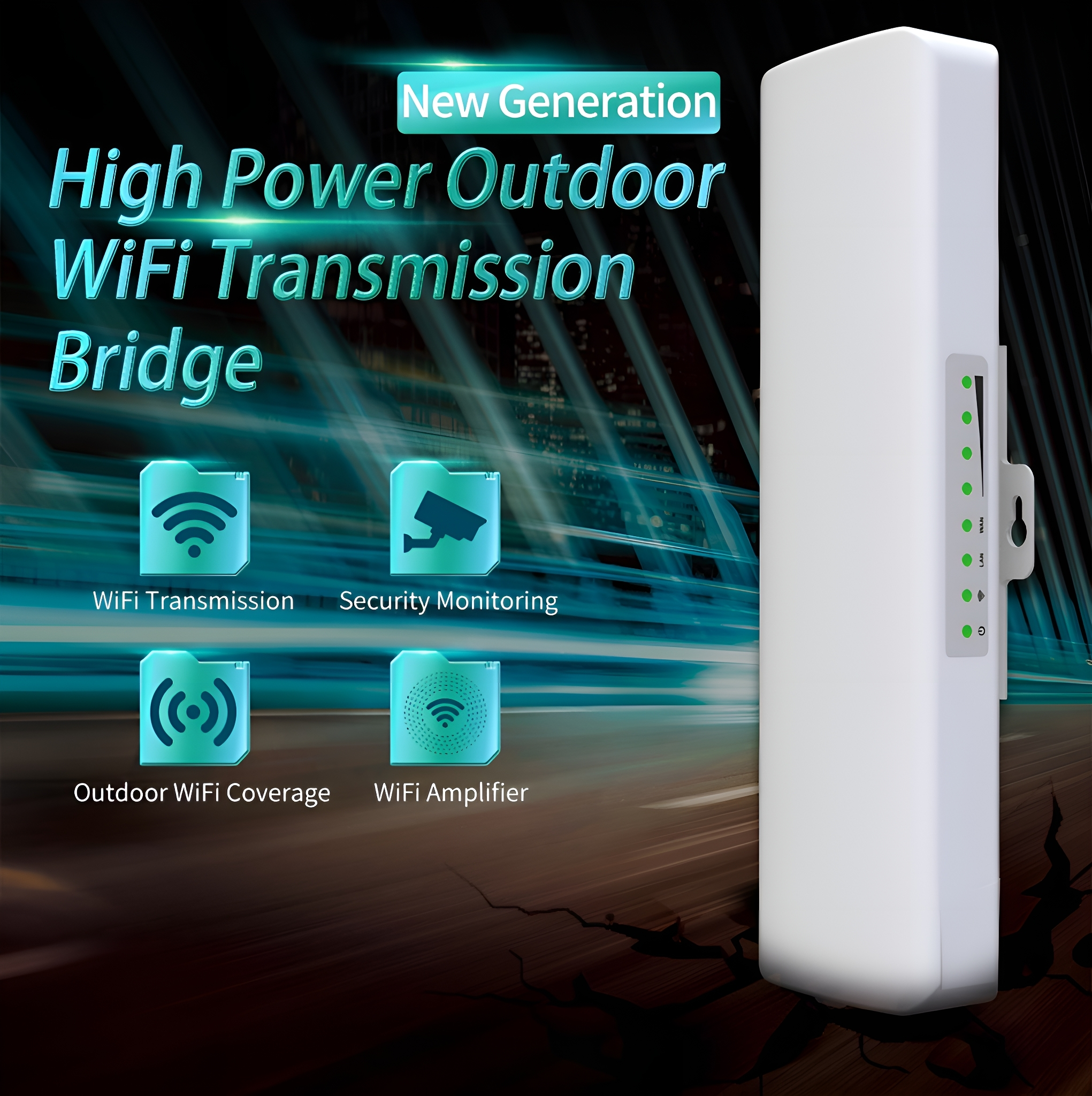 Weiße WLAN-Übertragungsbrücke. Zeigt Symbole für WLAN, Sicherheit, Abdeckung und Verstärker.