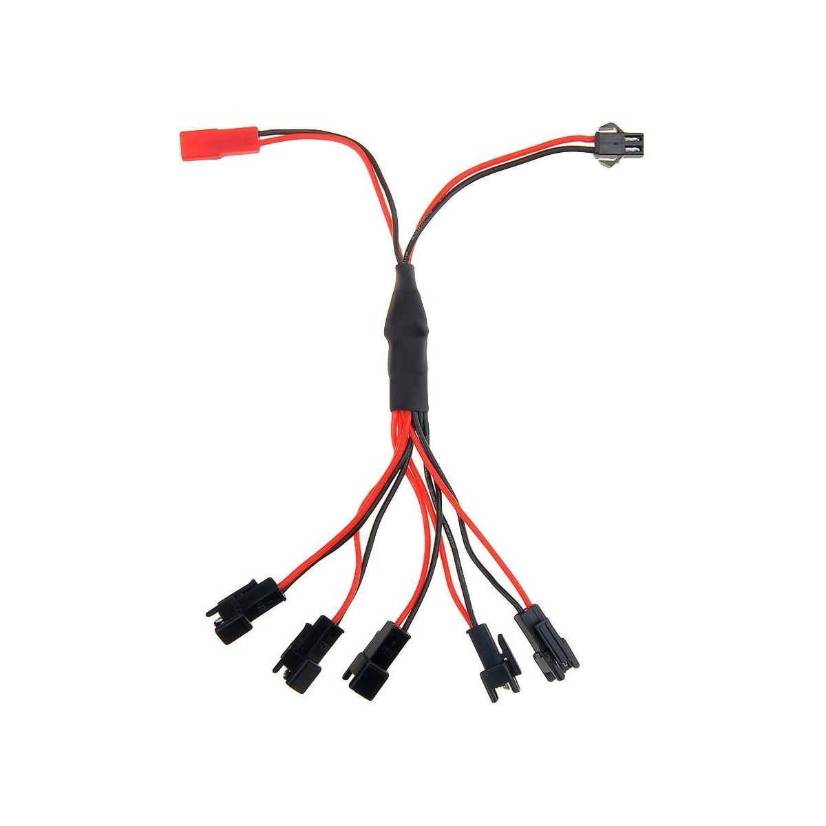 Elektrische Drähte mit Steckern. Rote und schwarze Drähte, die von einem zentralen Punkt abzweigen.
