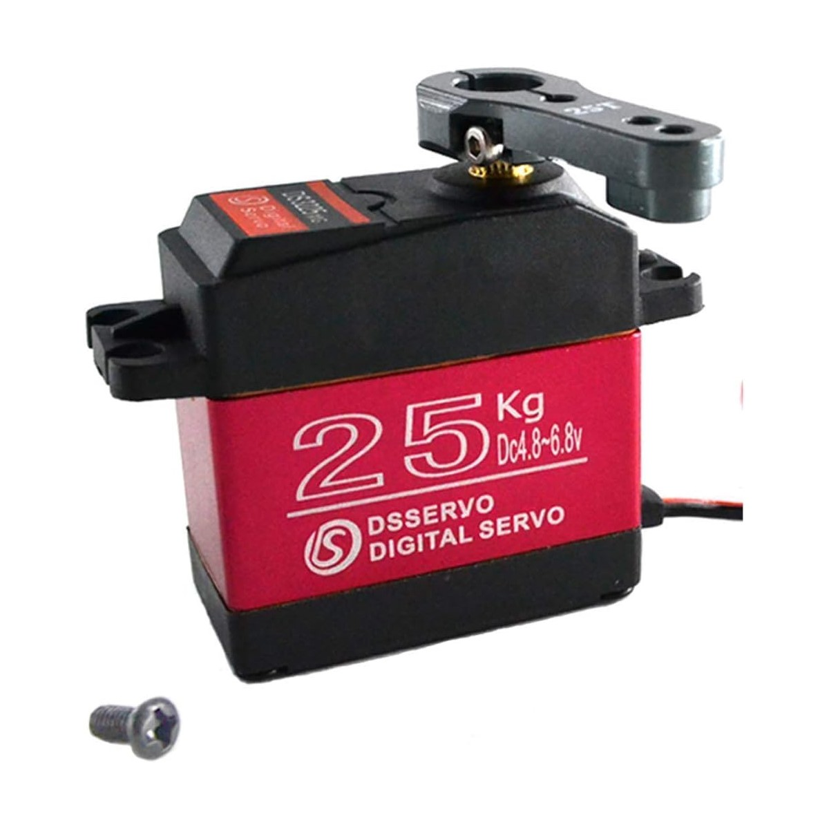 Rotes und schwarzes digitales Servo. Schwarzer Arm befestigt. Schraube daneben. Text: 25 Kg, DcS 4.8-6.8V.