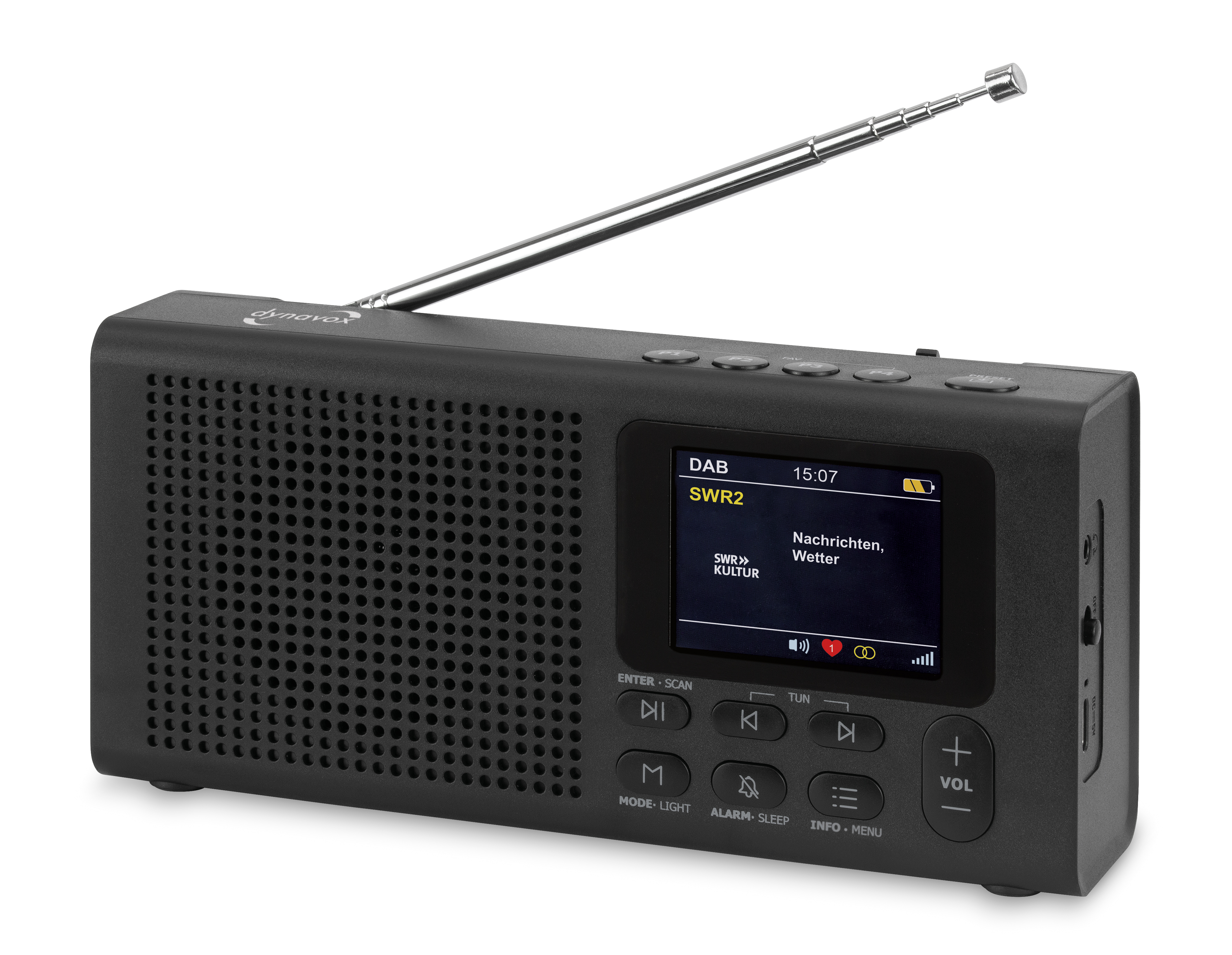 Schwarzes Digitalradio mit Antenne, Bildschirm zeigt Informationen.