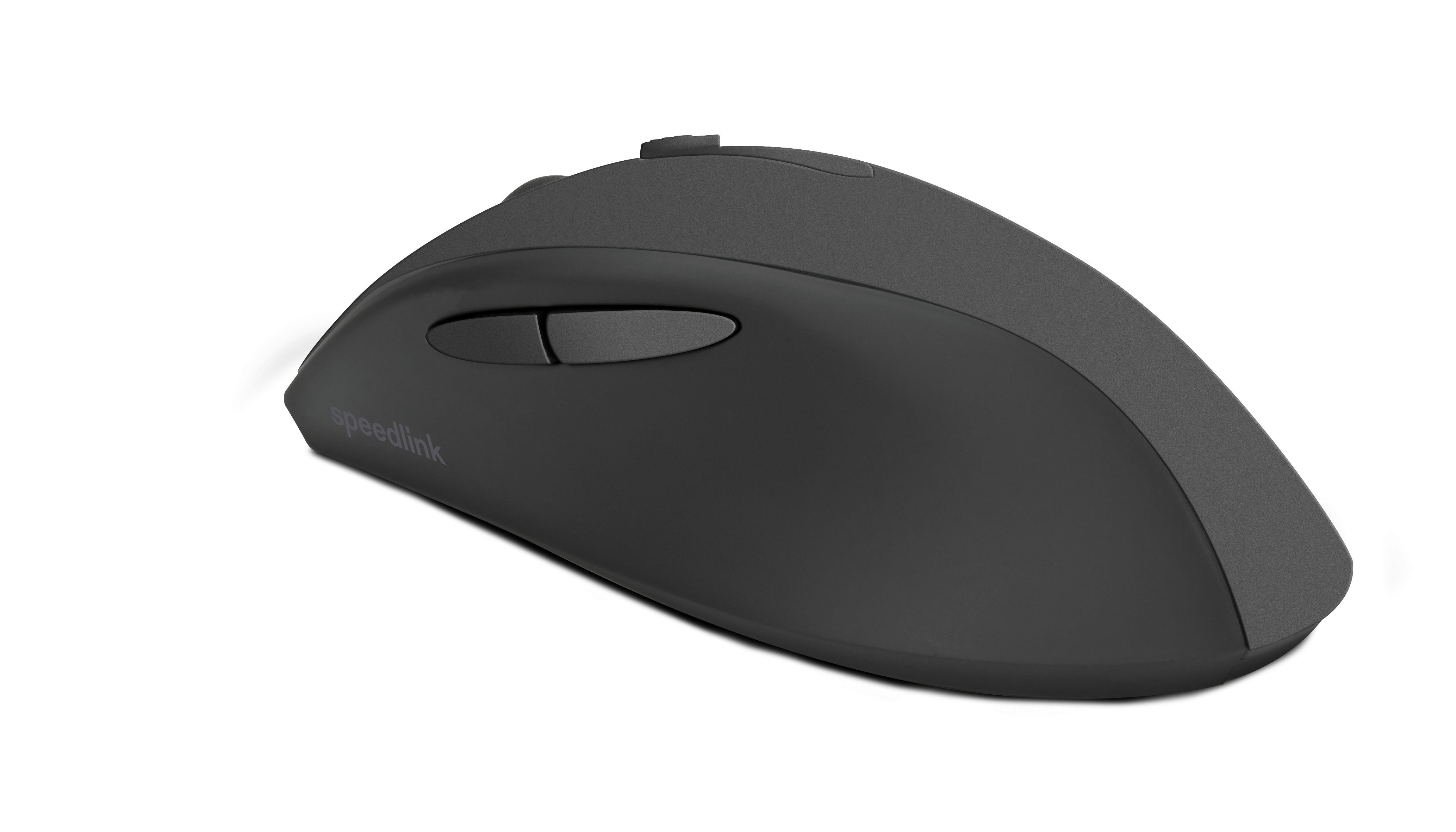 A black computer mouse. It has two buttons and a scroll wheel. The brand name 'speedlink' is visible.