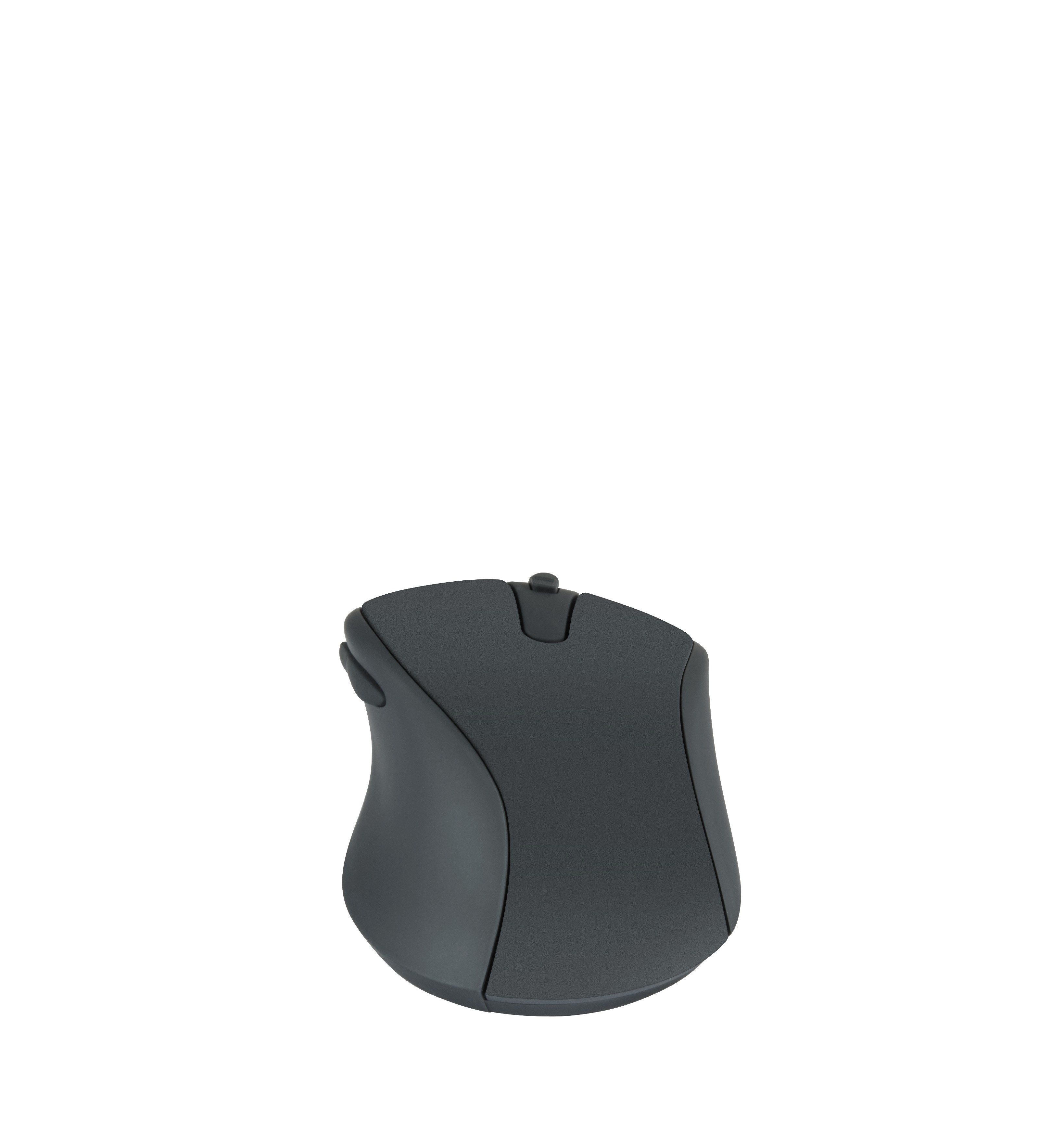 Gray ergonomic mouse with a curved design, on a white background.
