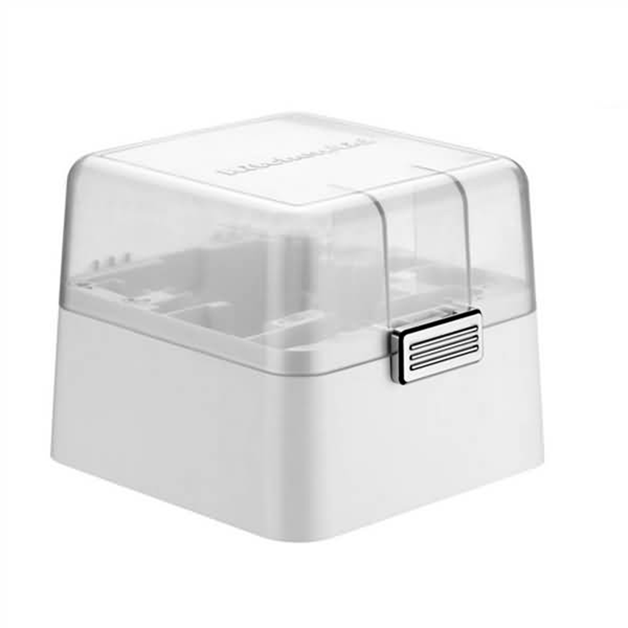 Una scatola bianca con coperchio trasparente e chiusura in metallo.