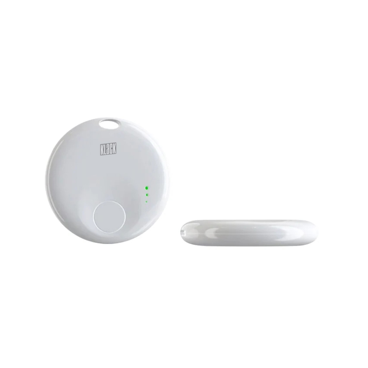 Dispositivo de rastreo blanco con tres luces verdes y un agujero para un llavero.
