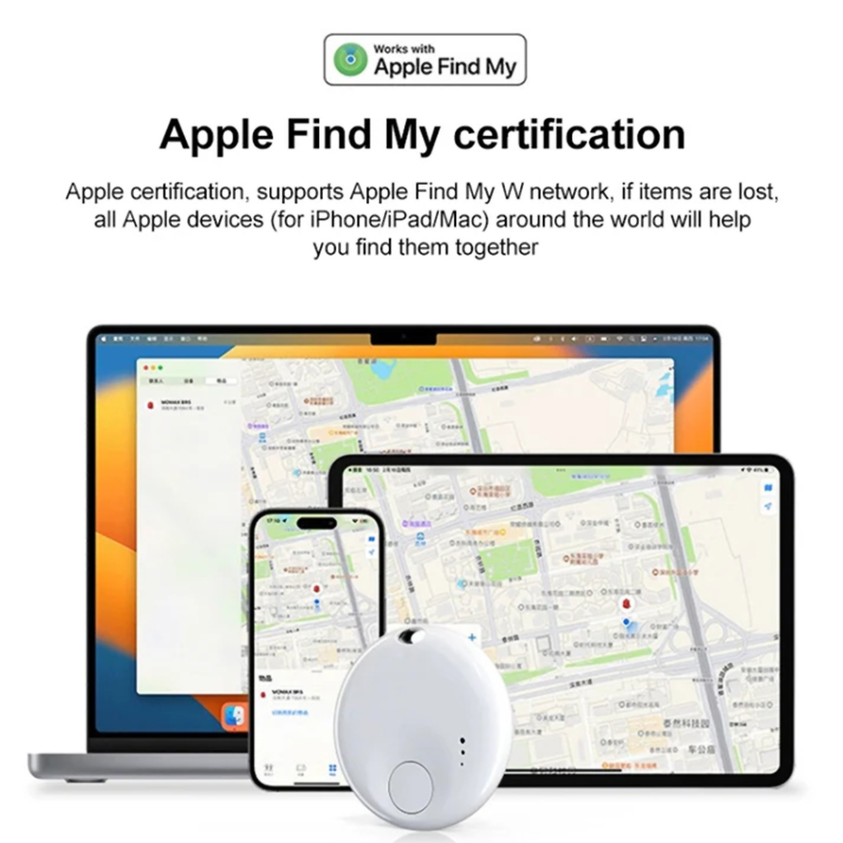Anuncio de Apple Find My. Dispositivos, mapa y rastreador blanco con texto.