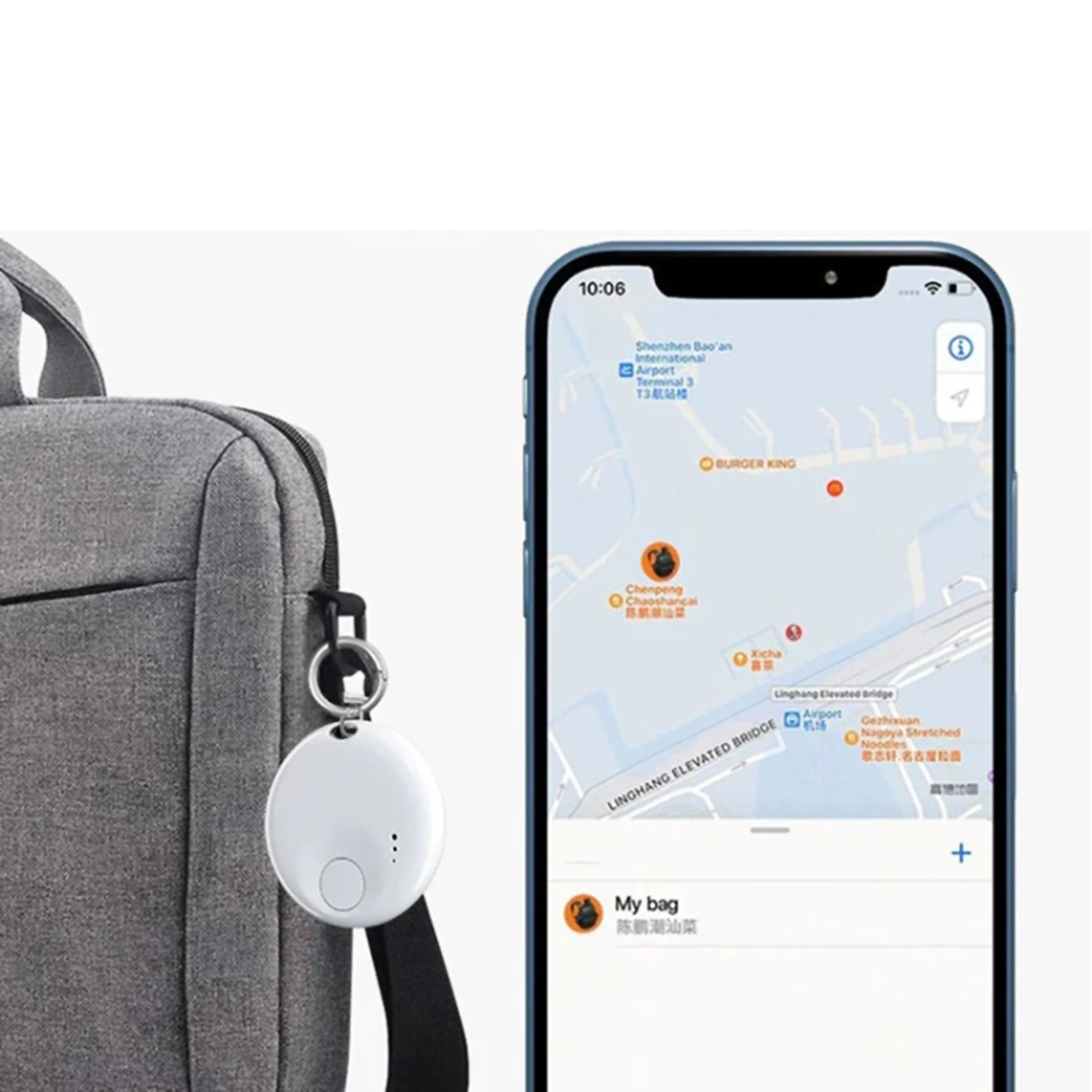 Un dispositivo de rastreo se sostiene junto a un teléfono que muestra un mapa.