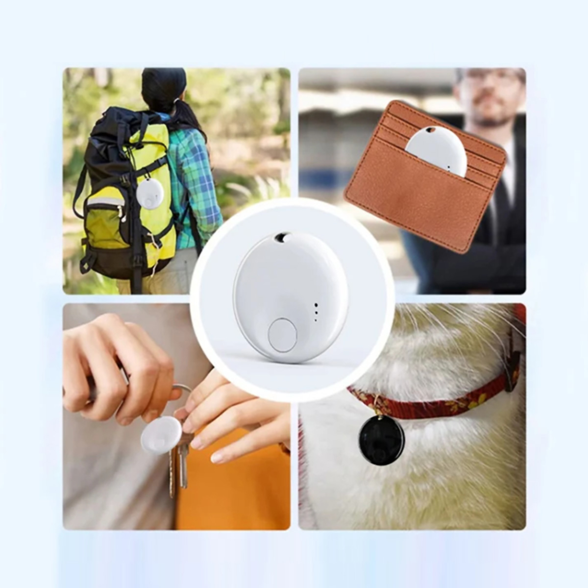 Un rastreador blanco en varios entornos: mochila, billetera, llaves y collar de gato.