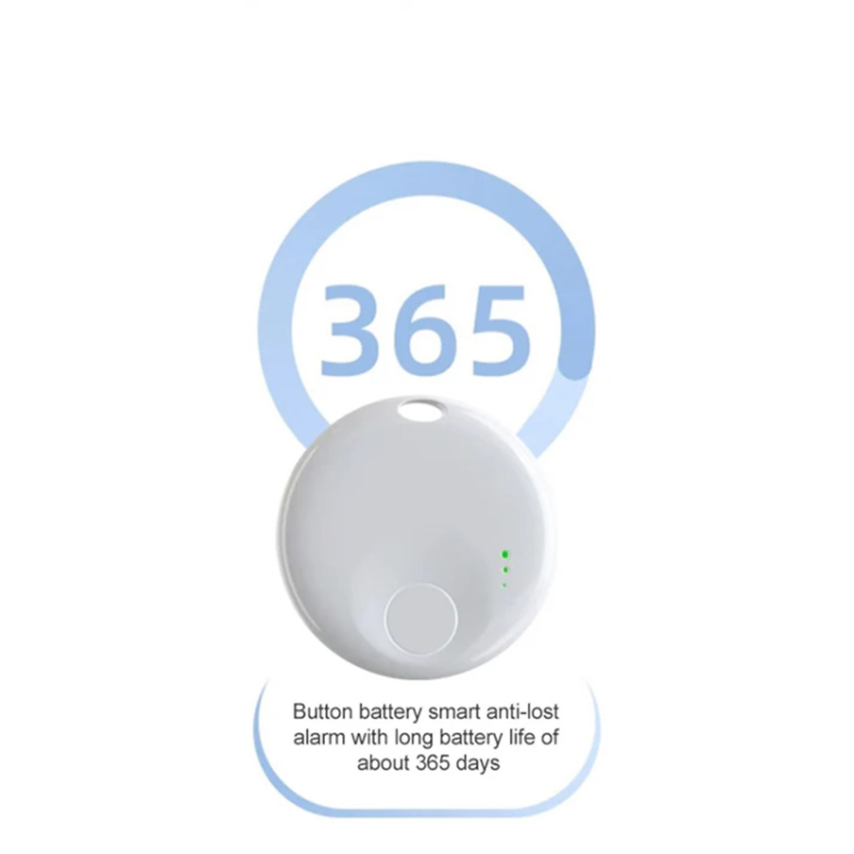 Alarma inteligente anti-pérdida blanca con un anillo azul y el número 365. Tiene un botón y tres luces verdes.