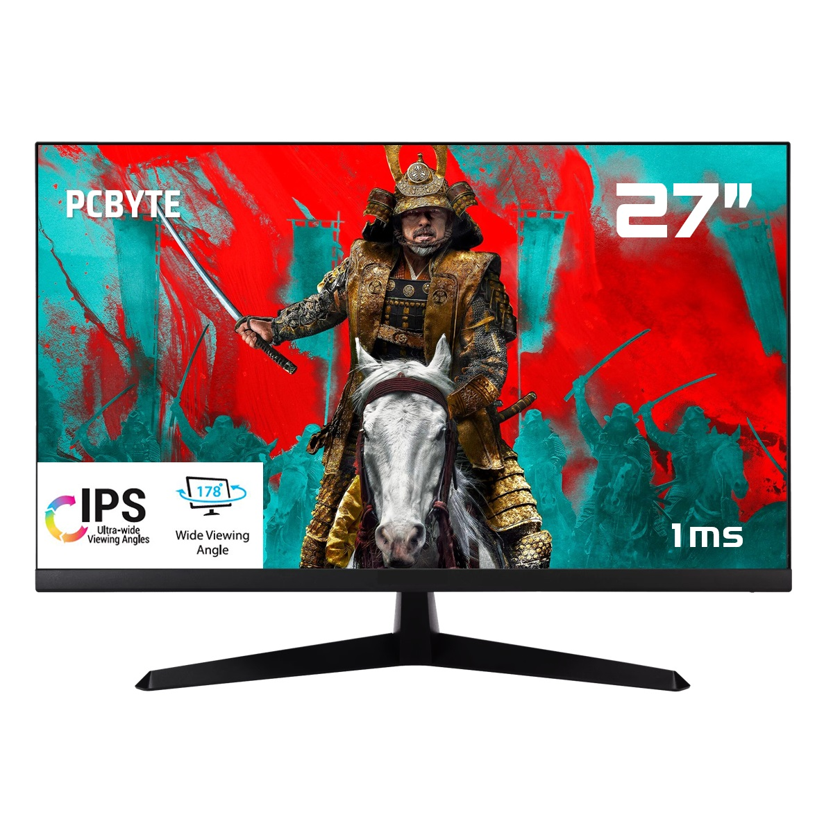 Monitor de PC de 27 pulgadas con imagen de samurái, soporte y marco negros.