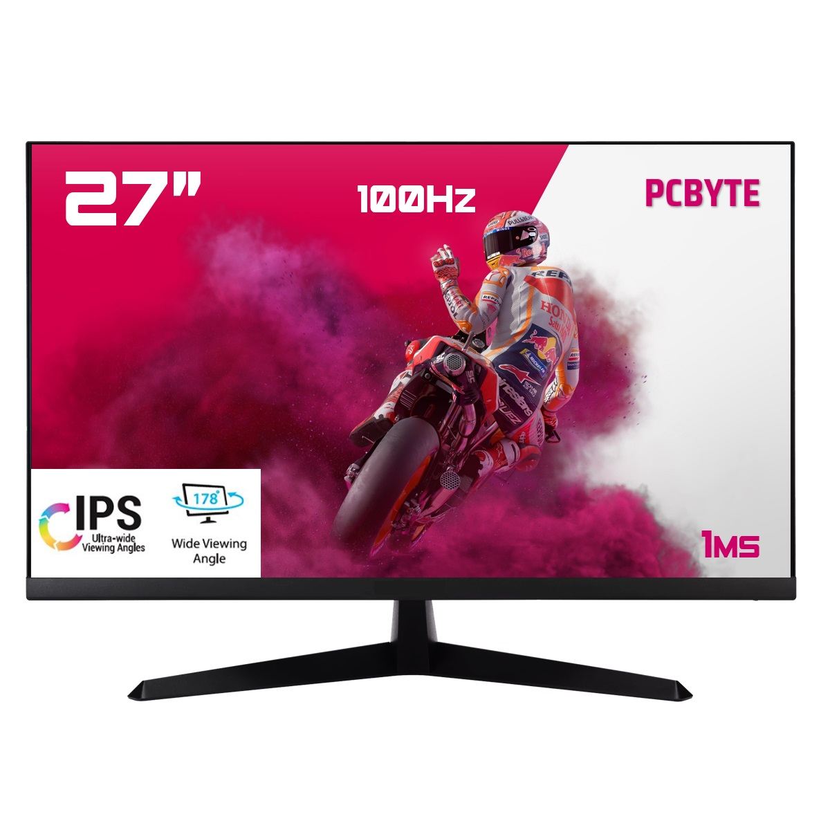 Monitor PCBYTE de 27 pulgadas. Un hombre en una motocicleta se muestra en la pantalla.