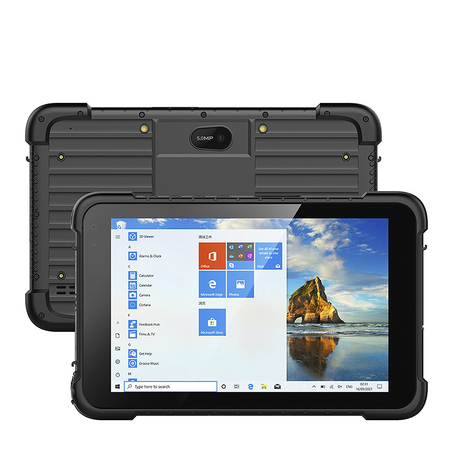 Tablet nero rugged. Due tablet, con custodia, uno con interfaccia Windows.
