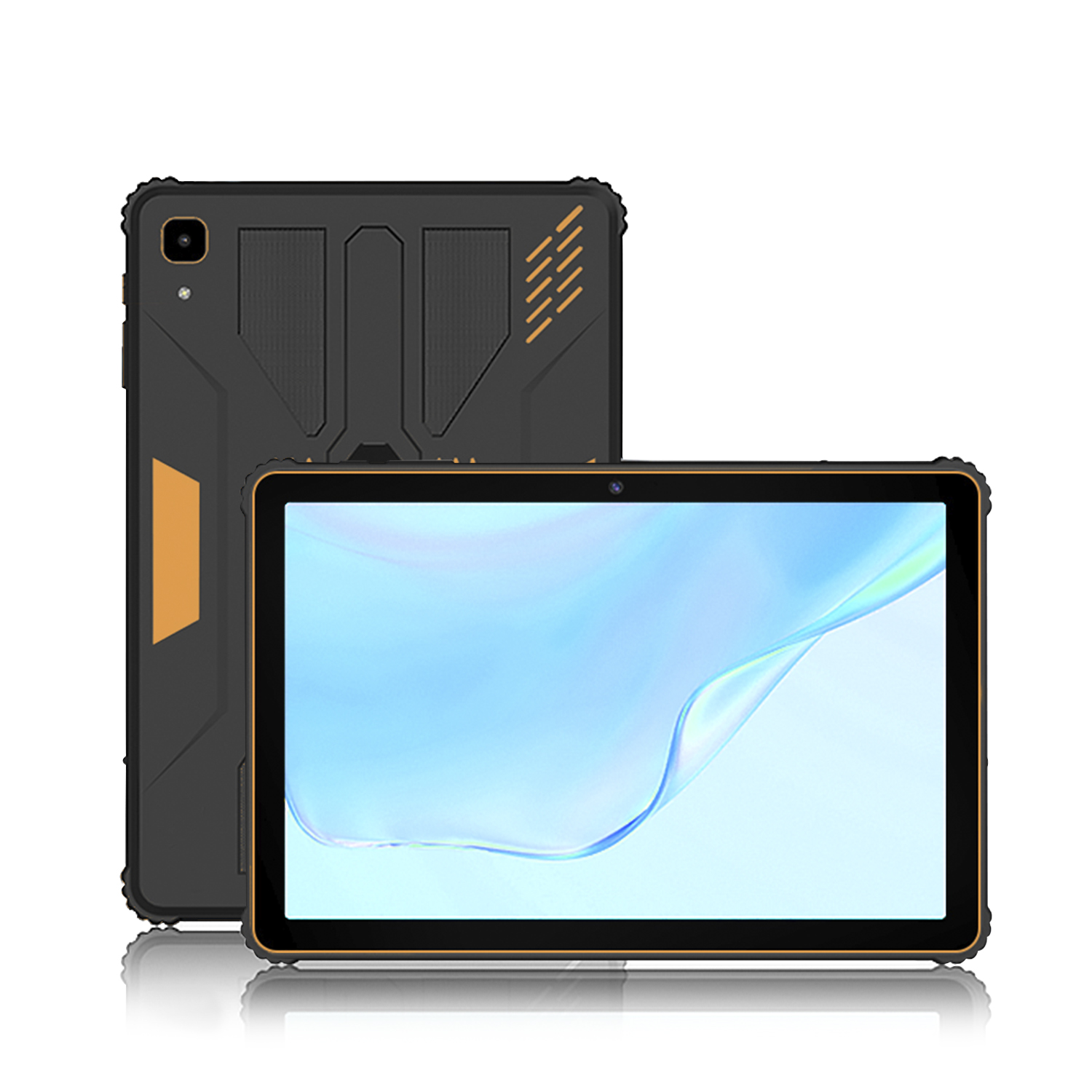 Schwarzes und oranges Tablet mit Schutzhülle. Es hat einen blauen Bildschirm.