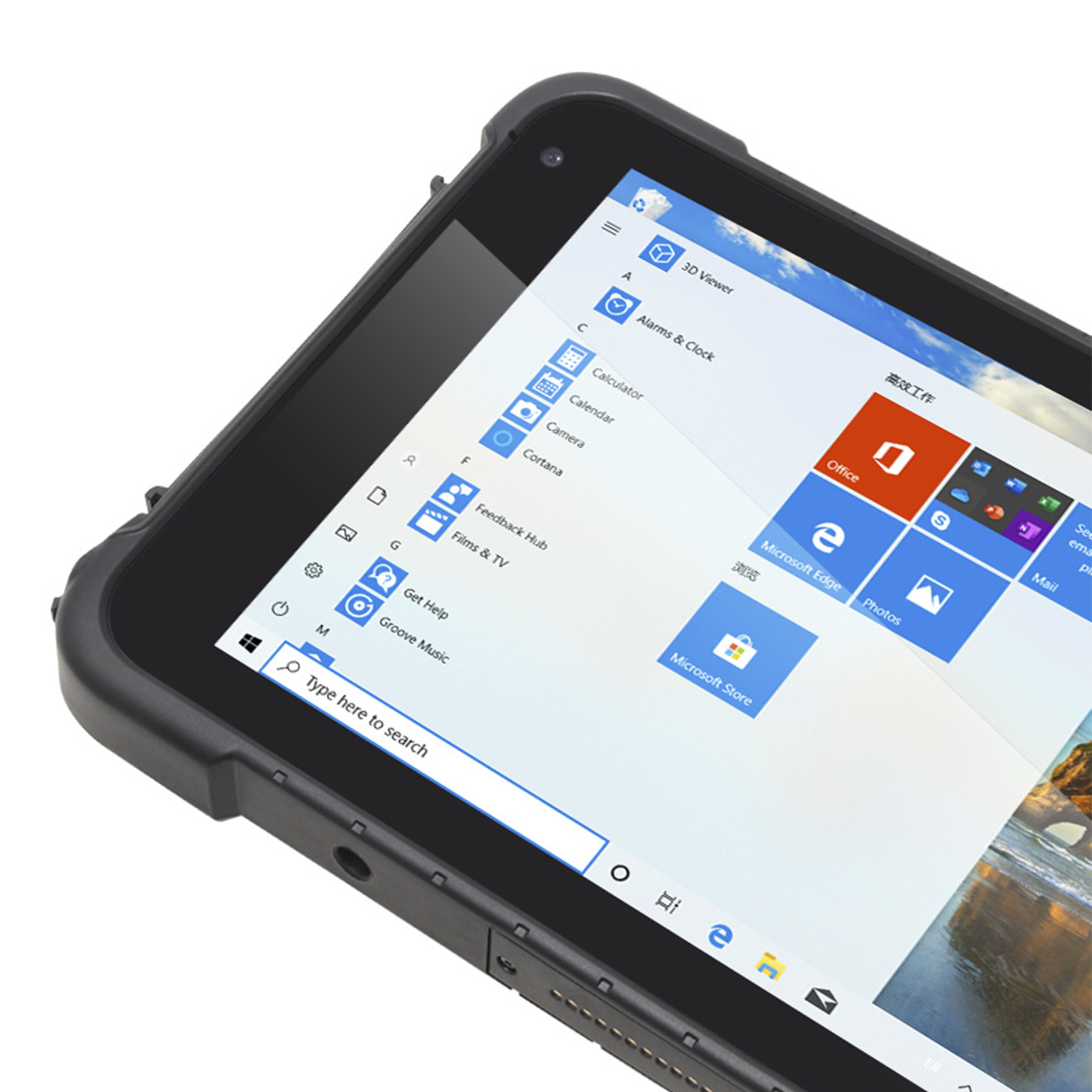 Un tablet nero con schermo Windows. Il tablet è angolato.