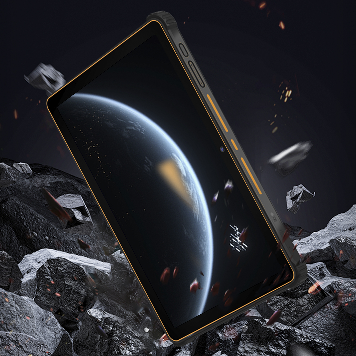 Robustes Tablet. Schwarz und Orange. Der Bildschirm zeigt einen Planeten mit großem orange-gelben Schein.