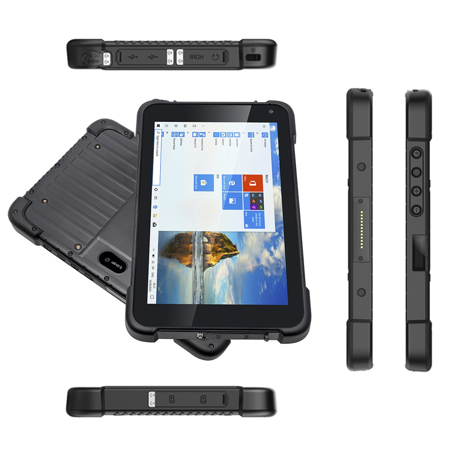 Varie angolazioni di un tablet nero con uno schermo che mostra un'interfaccia Windows.