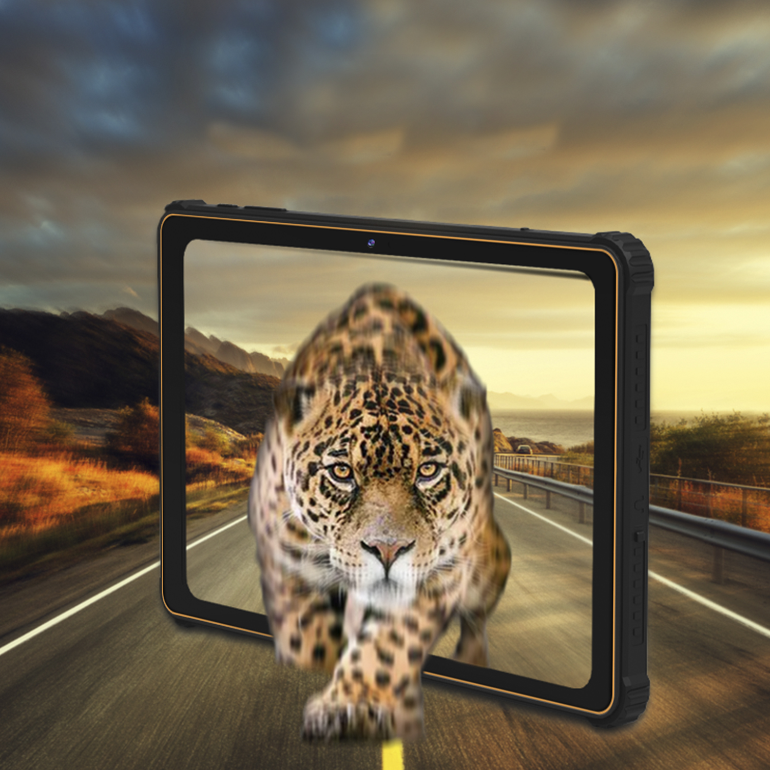Jaguar springt aus Tablet-Bildschirm auf Straße mit Sonnenuntergang im Hintergrund.