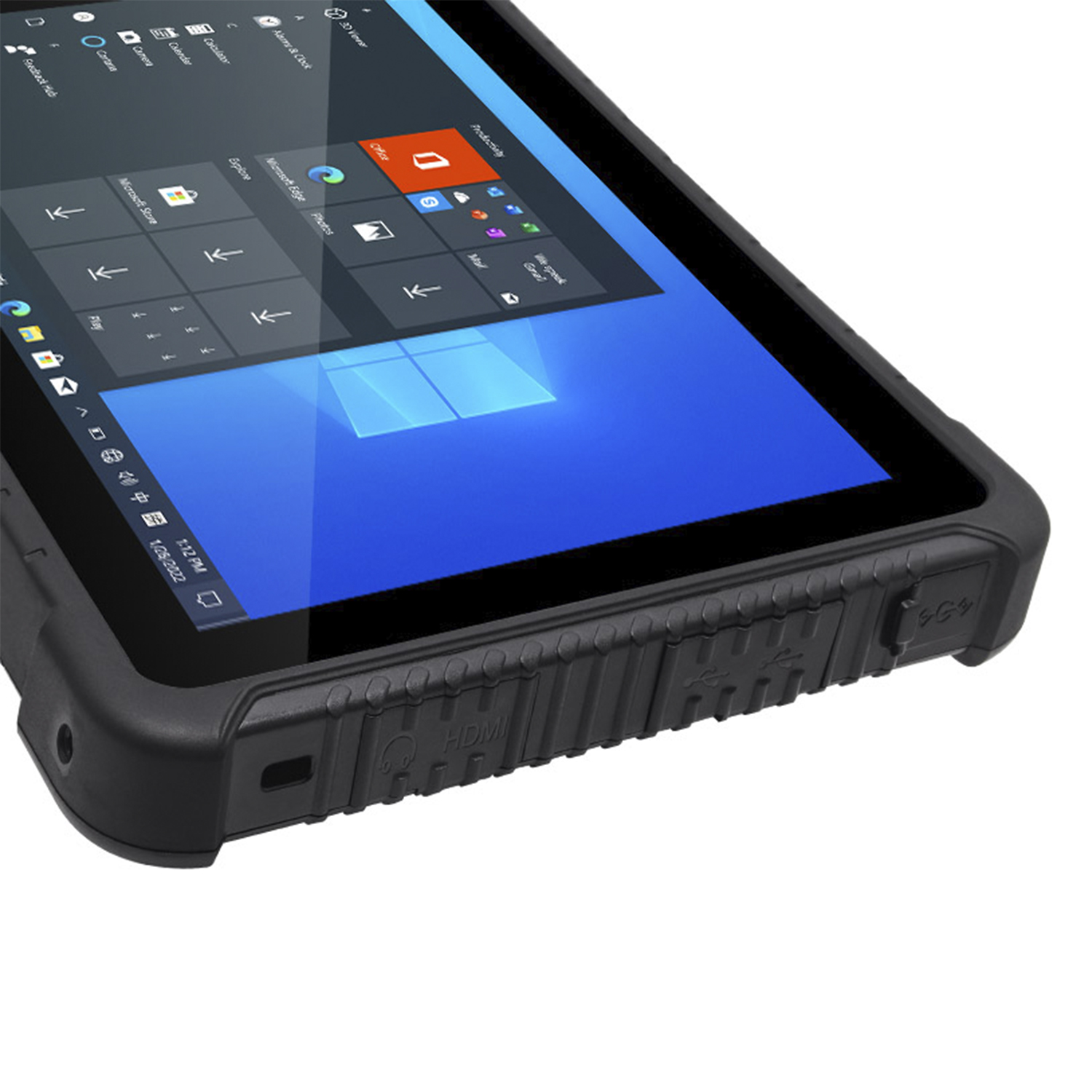 Primo piano di un tablet, che mostra il lato con porte e pulsanti.